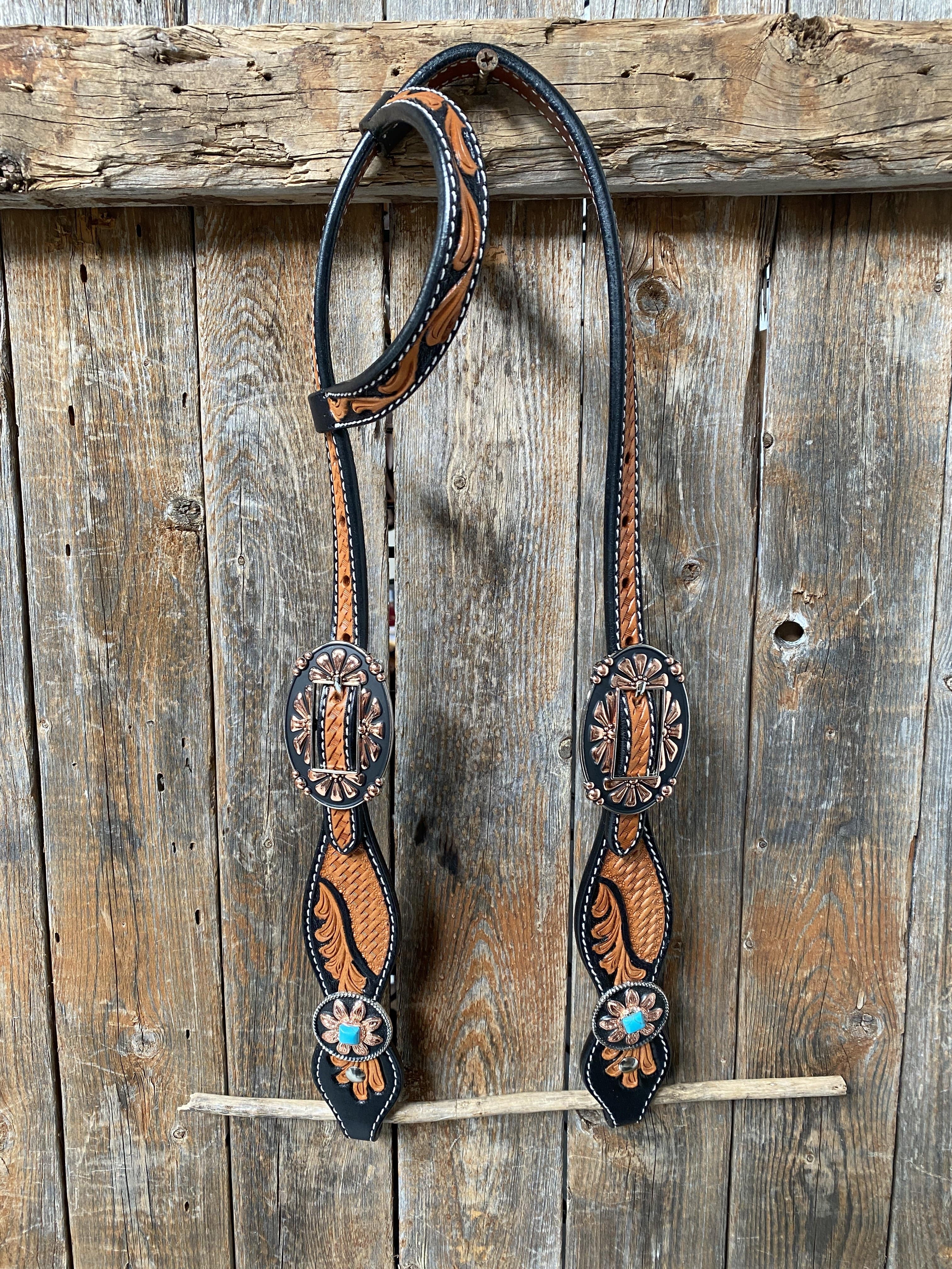 Two Tone Leaf Floral Turquoise One Ear & Breastcollar Tack Set #OEBC430 — view 2