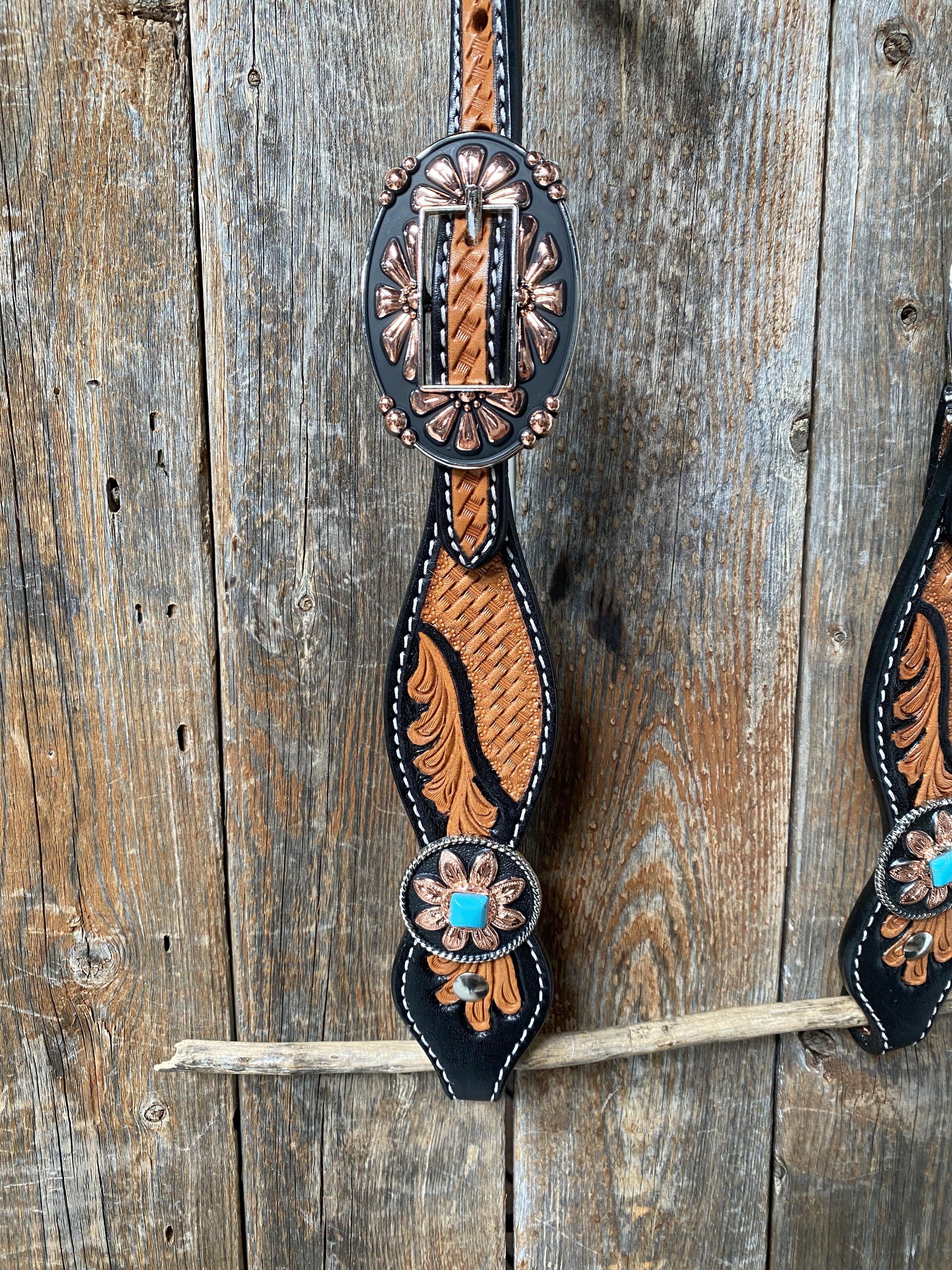 Two Tone Leaf Floral Turquoise One Ear & Breastcollar Tack Set #OEBC430 — view 3