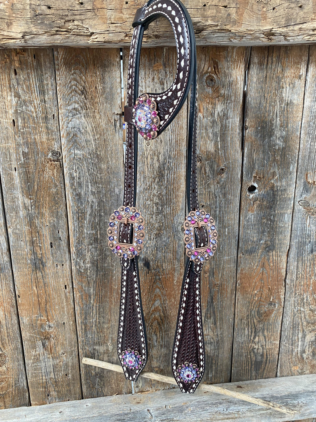 Dark Oil Buckstitch One Ear Headstall & Breastcollar - Pink #OEBC415 — view 2