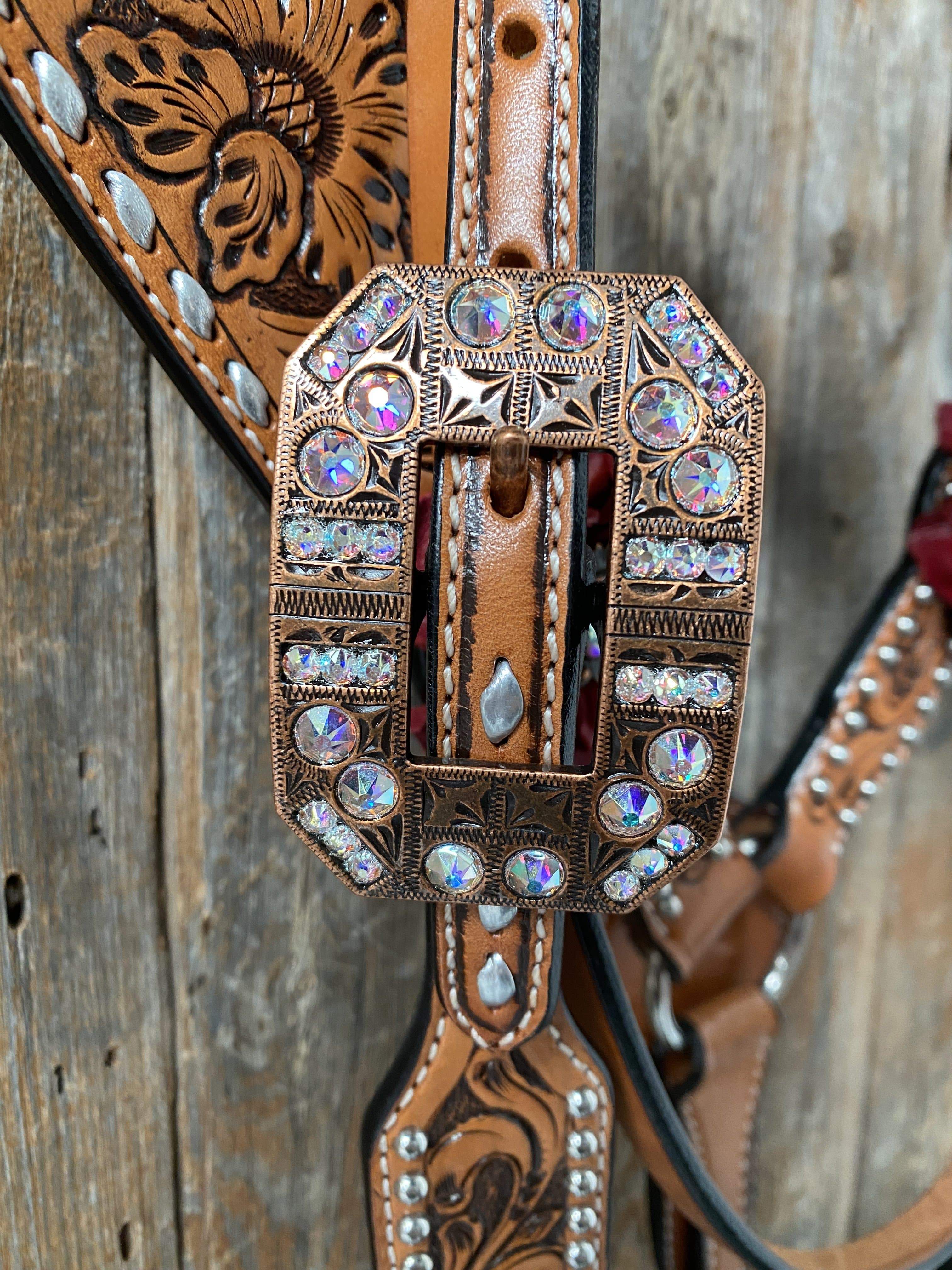 Silver Buckstitch Flower Browband Headstall & Breastcollar Set #BBBC405 — view 6