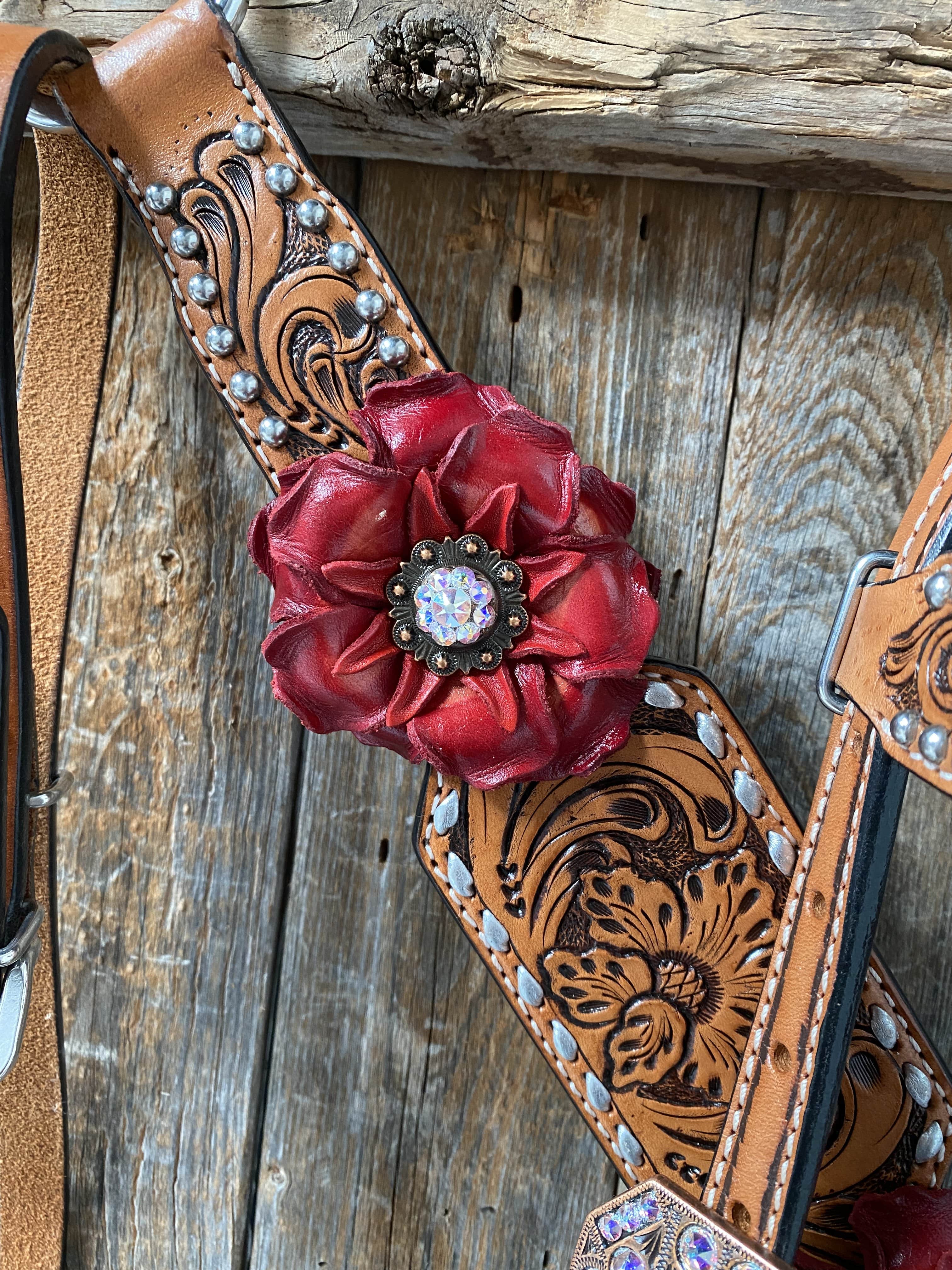 Silver Buckstitch Flower Browband Headstall & Breastcollar Set #BBBC405 — view 5