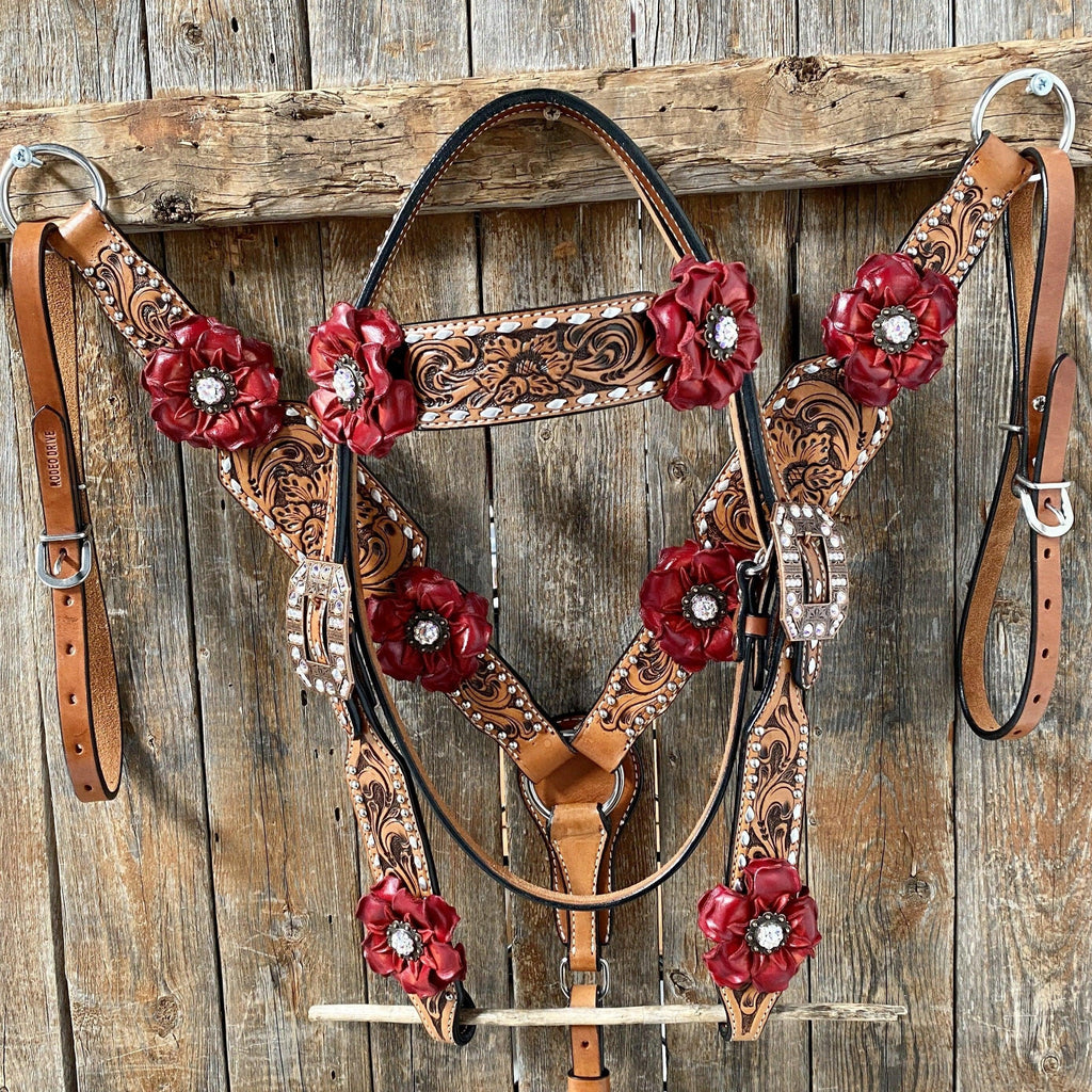 Silver Buckstitch Flower Browband Headstall & Breastcollar Set #BBBC405