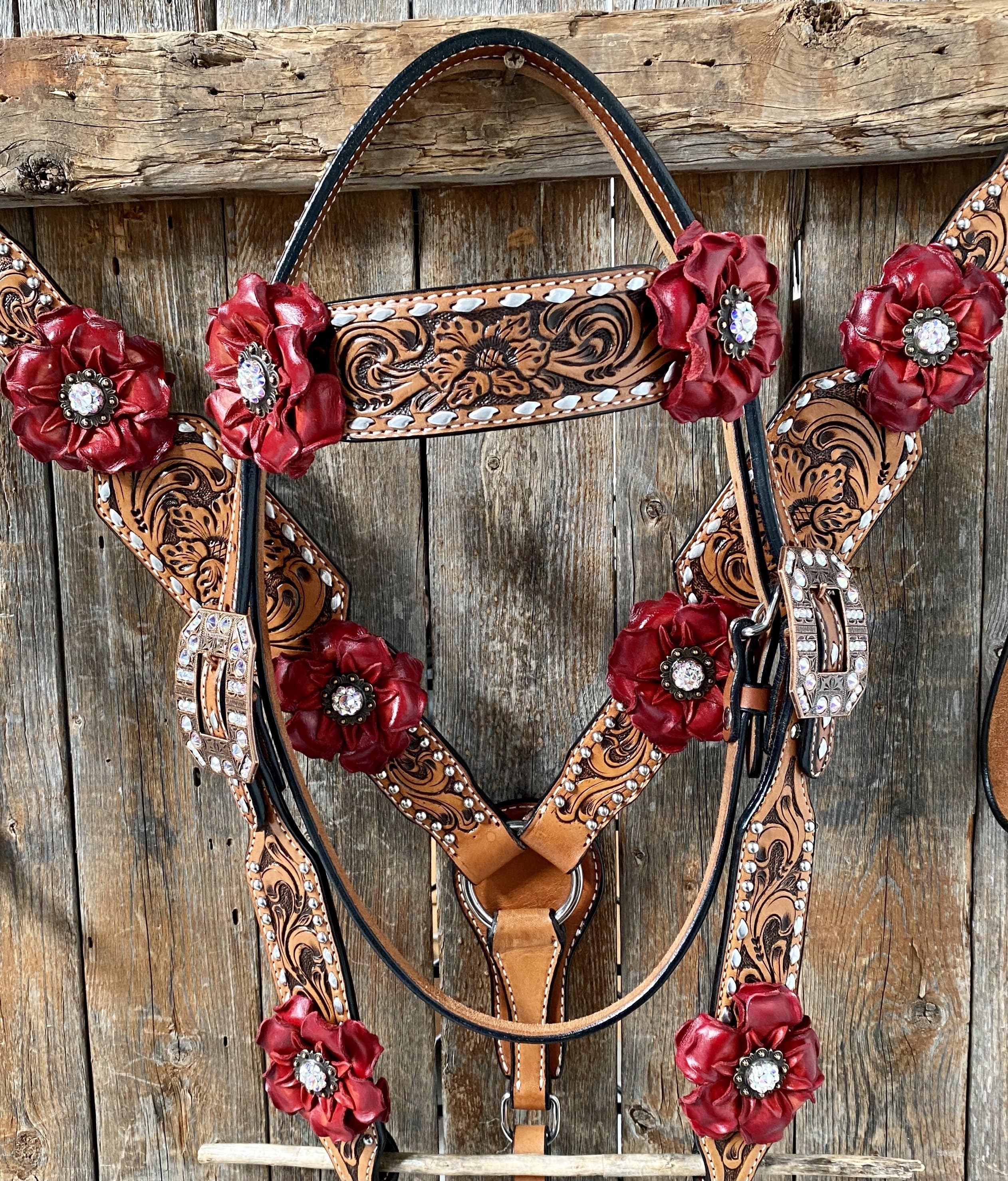 Silver Buckstitch Flower Browband Headstall & Breastcollar Set #BBBC405 — view 2