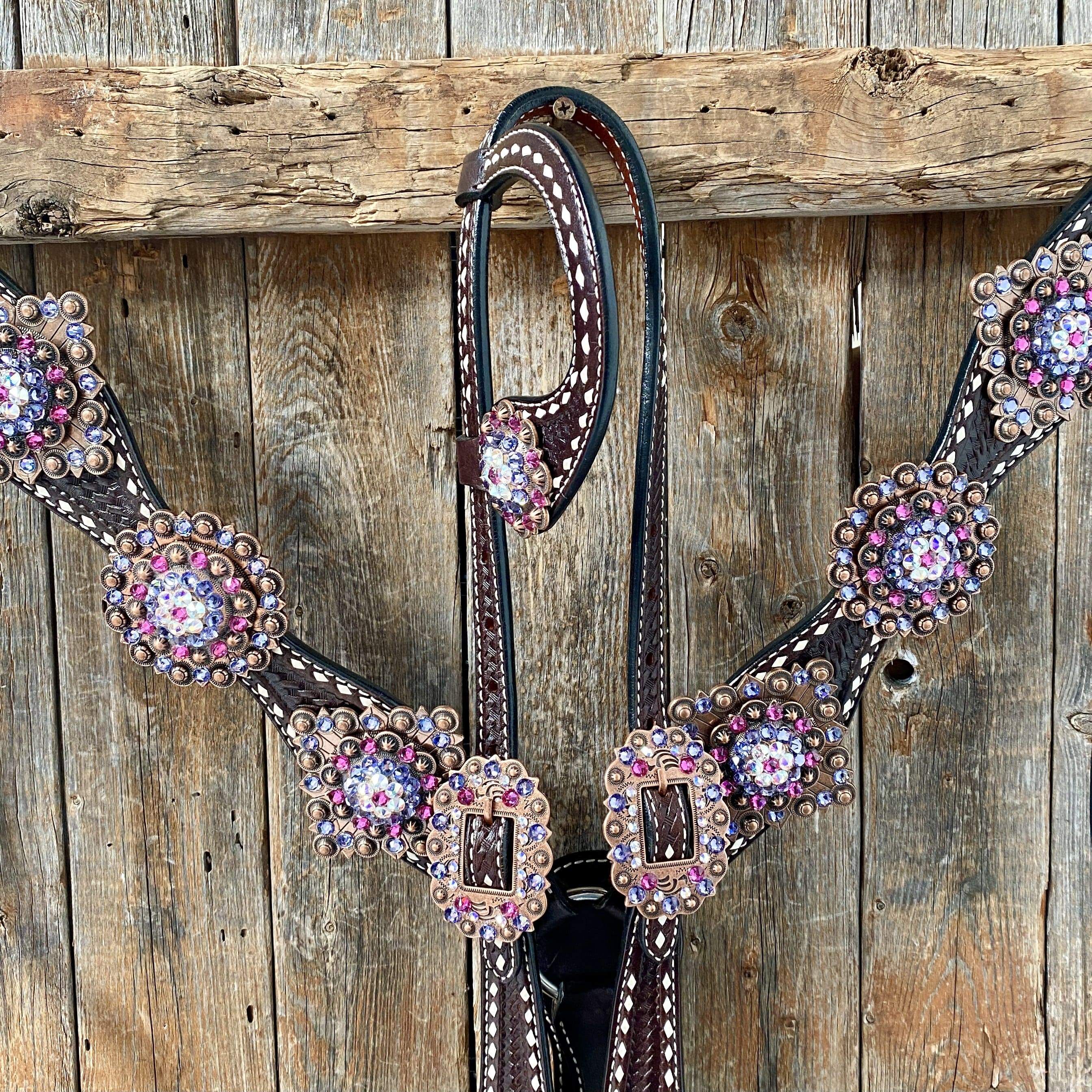 Dark Oil Buckstitch One Ear Headstall & Breastcollar - Pink #OEBC415