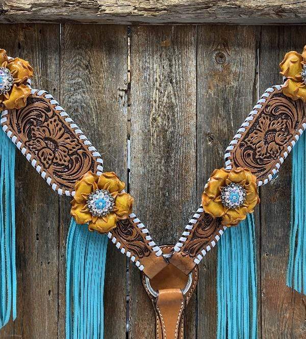 Yellow and Turquoise Browband/One Ear Headstall & Breastcollar Tack Set #OEBC411 — view 5