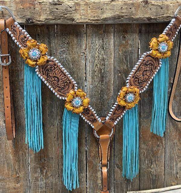 Yellow and Turquoise Browband/One Ear Headstall & Breastcollar Tack Set #OEBC411 — view 6