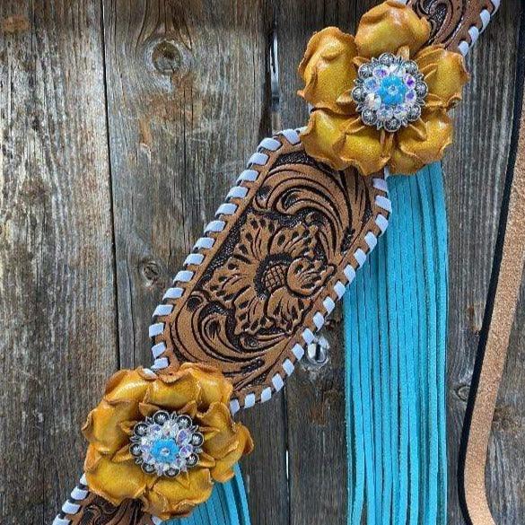 Yellow and Turquoise Browband/One Ear Headstall & Breastcollar Tack Set #OEBC411 — view 8