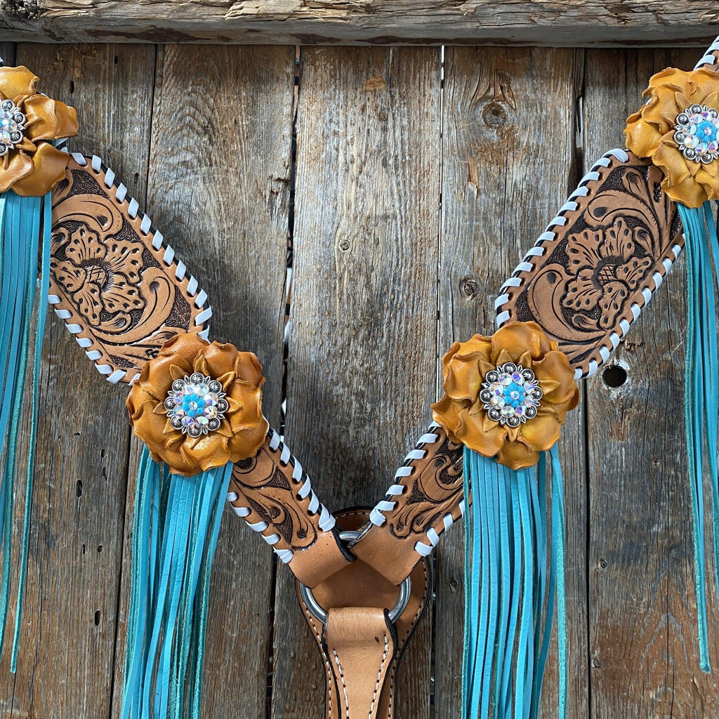 Yellow and Turquoise Browband/One Ear Headstall & Breastcollar Tack Set #OEBC411 — view 9