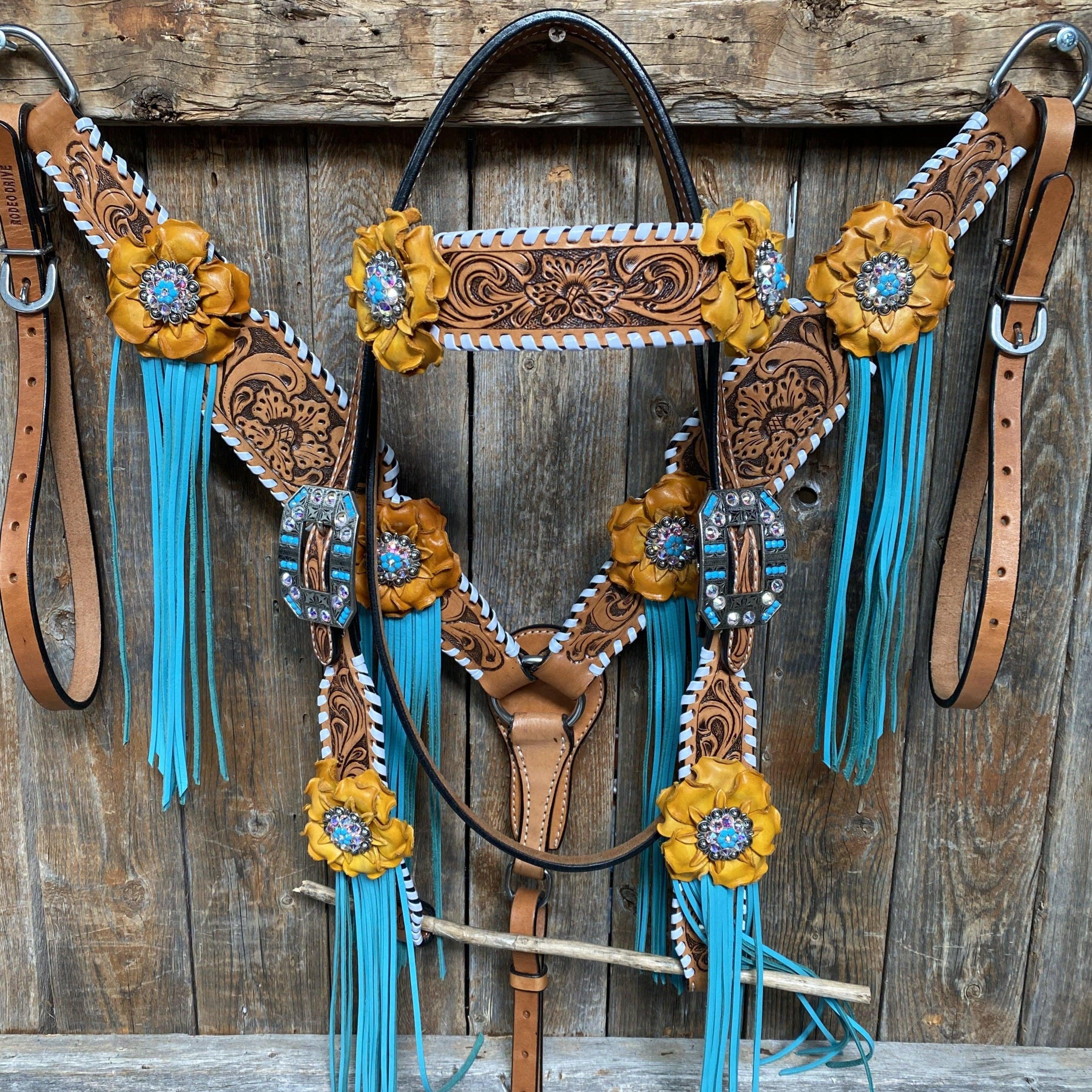 Yellow and Turquoise Browband/One Ear Headstall & Breastcollar Tack Set #OEBC411