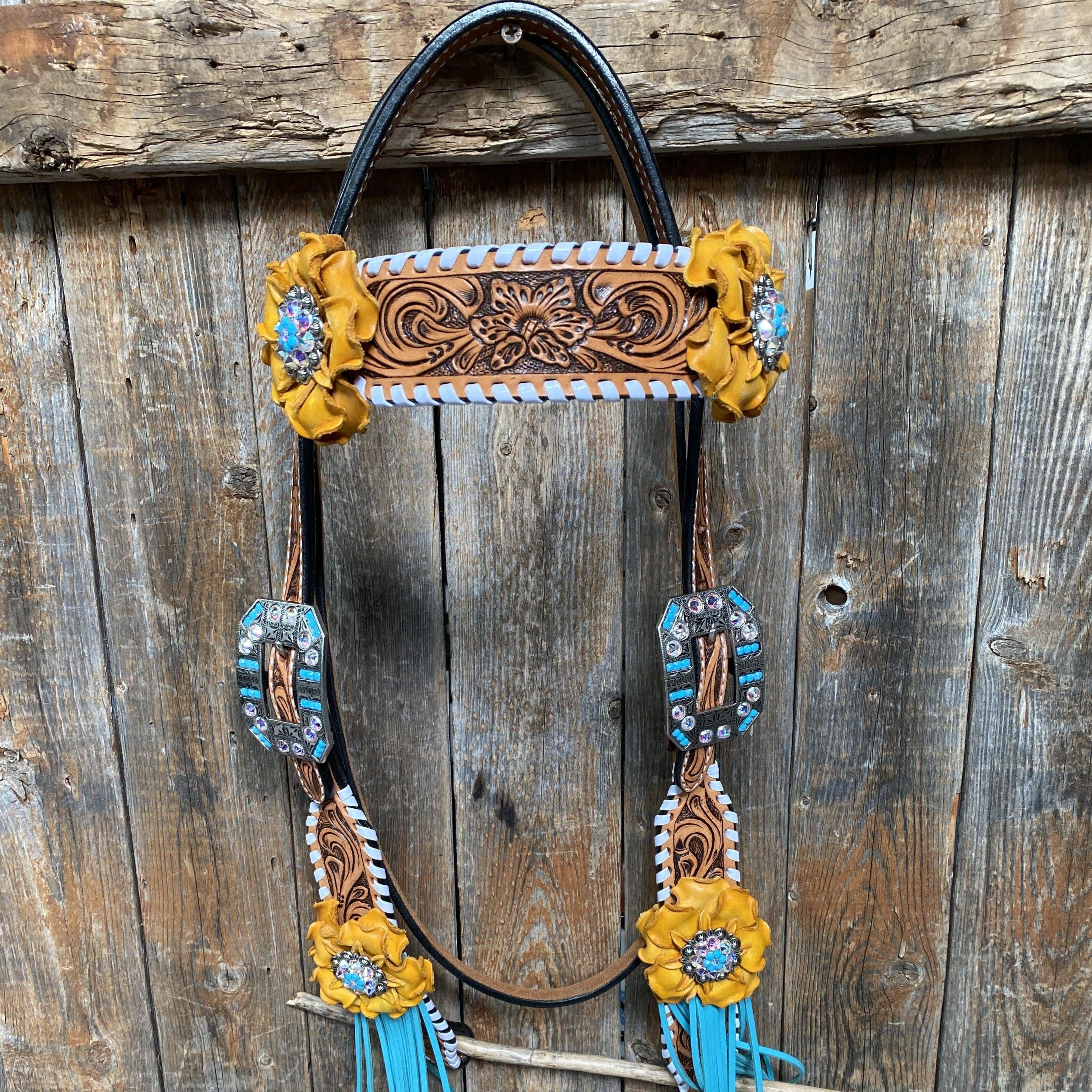 Yellow and Turquoise Browband/One Ear Headstall & Breastcollar Tack Set #OEBC411 — view 10