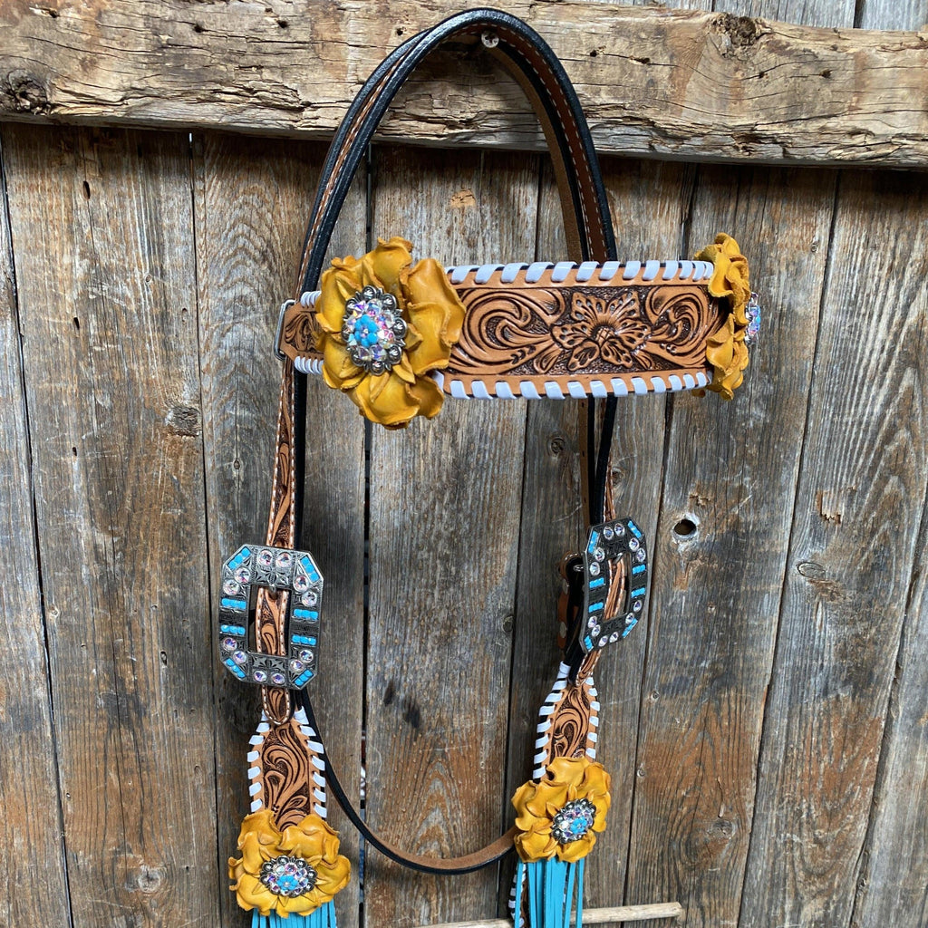 Yellow and Turquoise Browband/One Ear Headstall & Breastcollar Tack Set #OEBC411 — view 11