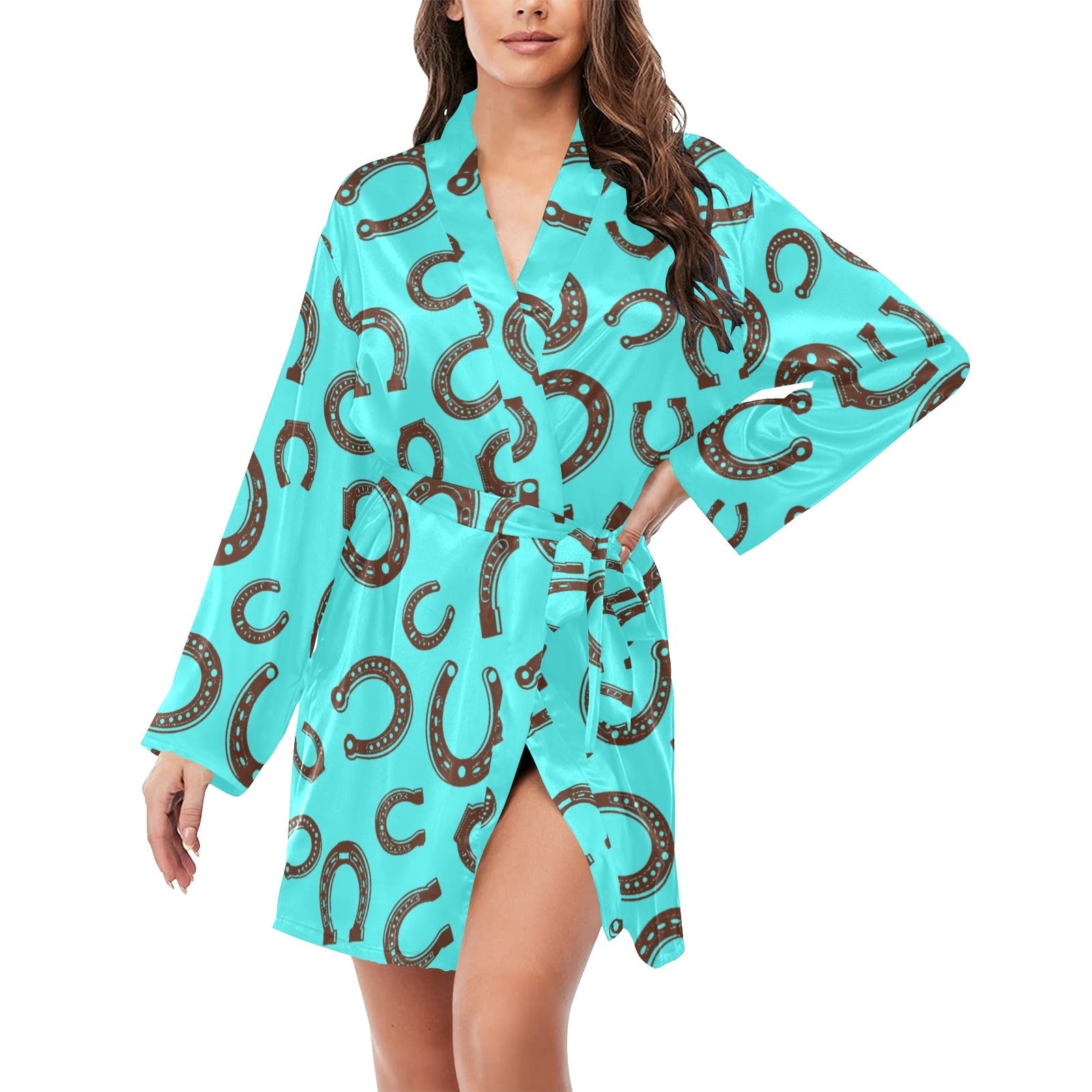 Baha Ranch Turquoise Horseshoe Women's Long Sleeve Belted Satin Feel Dressing Lounge Robe by Baha Ranch Western Wear
