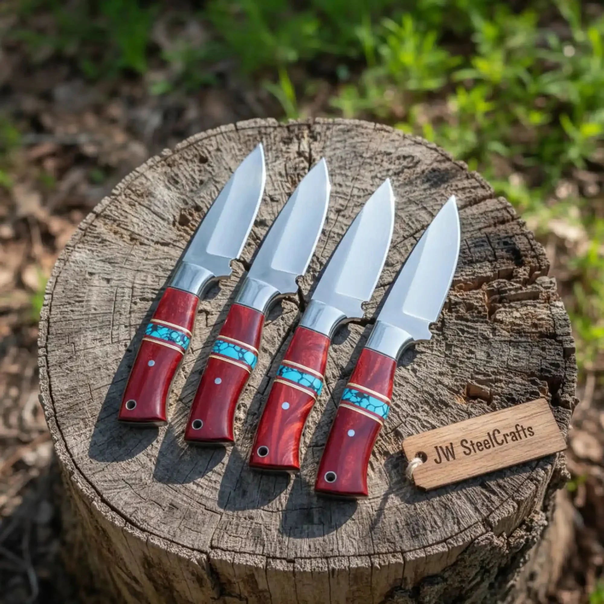 Custom Handmade Dir Chaqo Knife Set with Red Resin & Turquoise Handles
