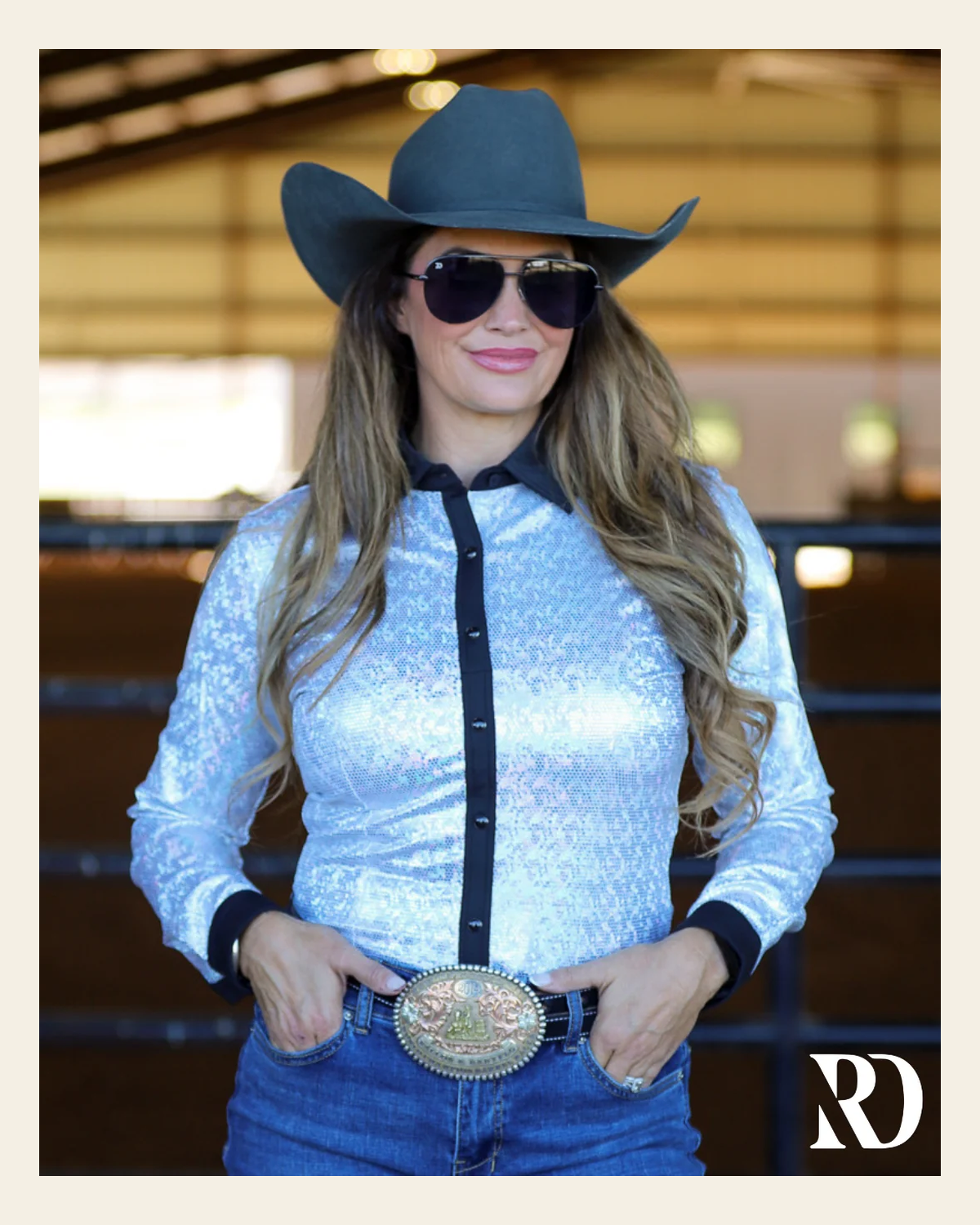 Disco Tuxedo Performance Rodeo Shirt on a warm cream background