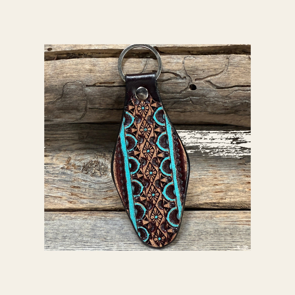 Turquoise and Brown Leather Hand Painted Key Chain