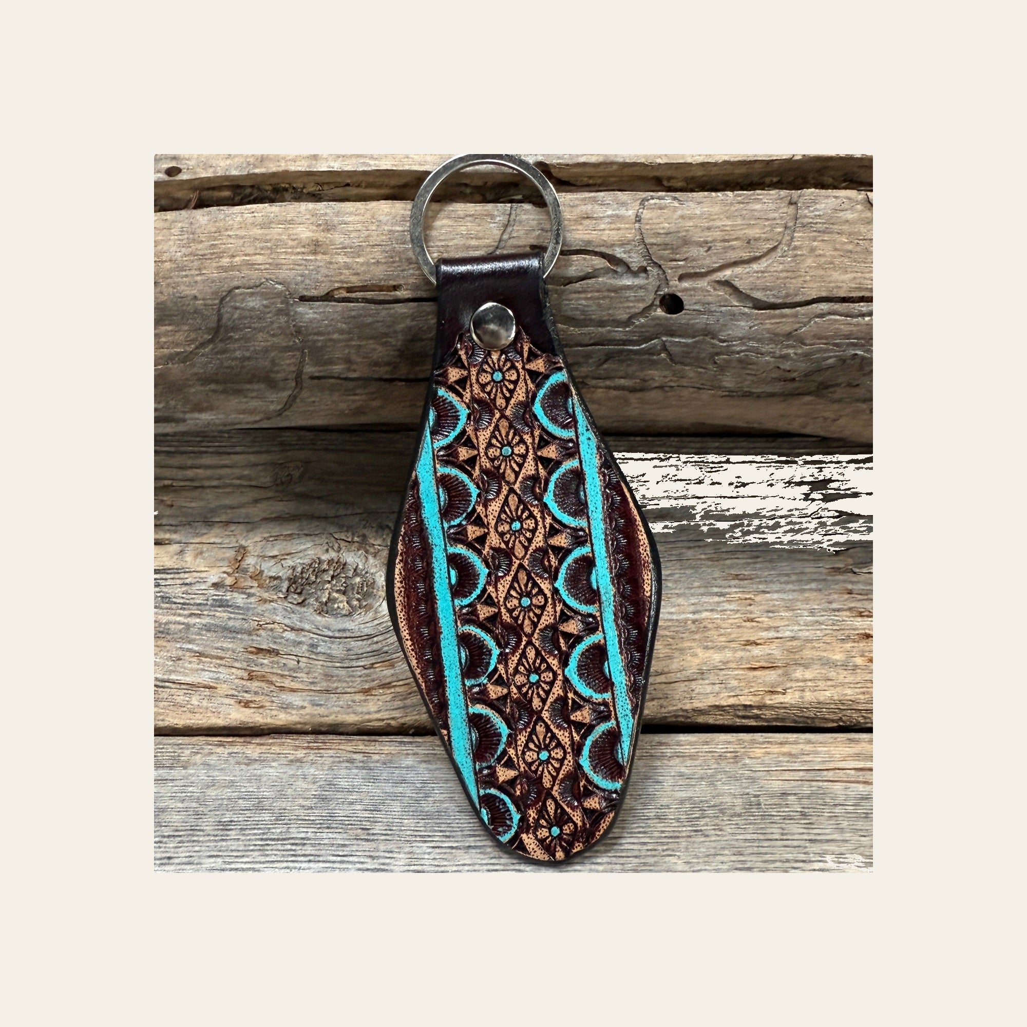 Turquoise and Brown Leather Hand Painted Key Chain