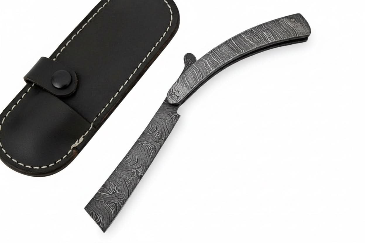 Handmade Damascus Steel Sweeney Todd Style Straight Razor Barber Folding Razor with Leather Sheath