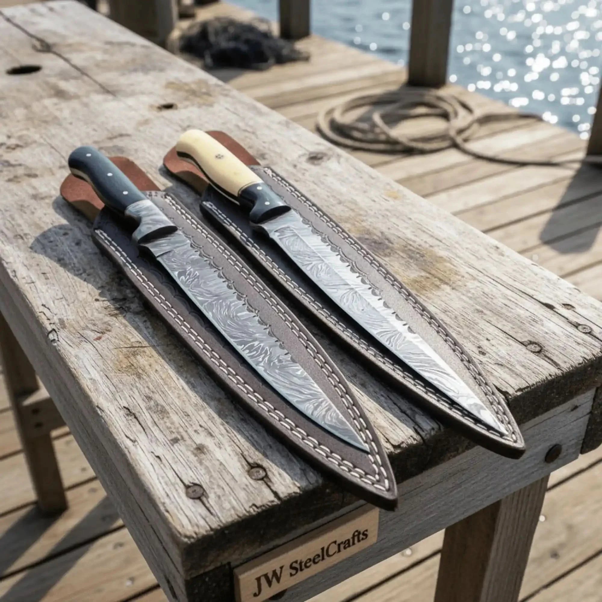 12-Inch Damascus Steel Fillet Knife Set of 2 with Resin Handles & Leather Sheaths