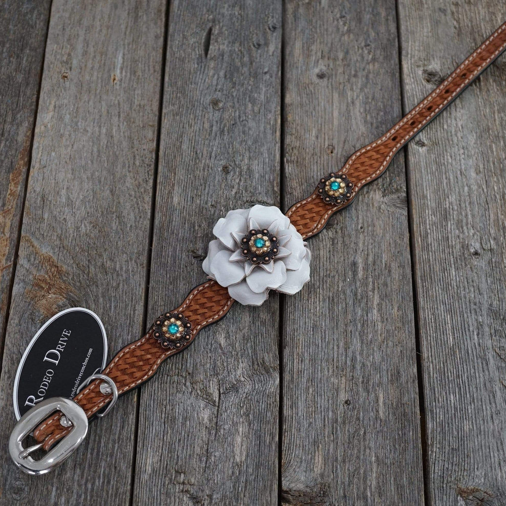DC23 -Light Oil Genuine Leather Dog Collar - White Flower & Copper Conchos 10"-22"