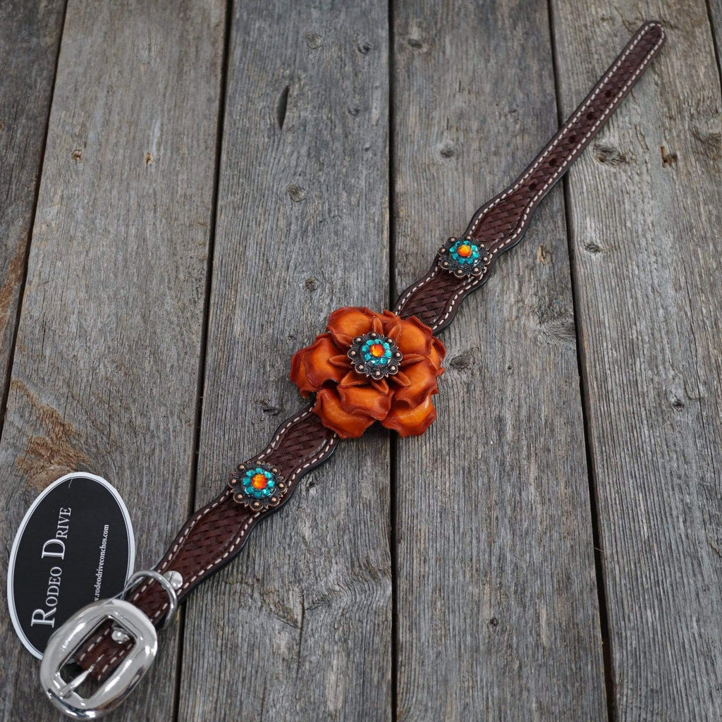 DC27 -Medium Oil Genuine Leather Dog Collar - Orange Flower & Copper Conchos 10" to 22"