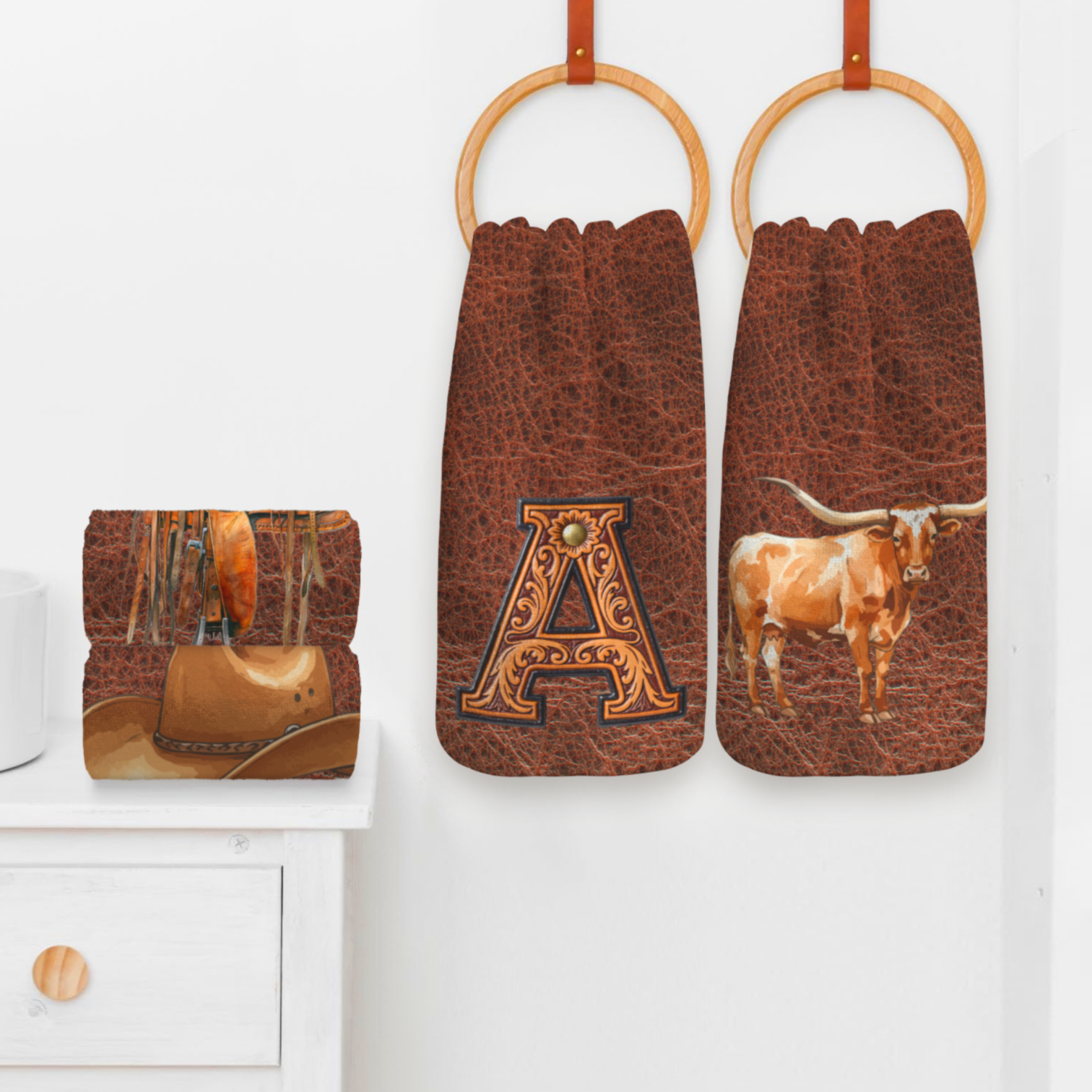 Baha Ranch Monogrammed Initial Western Leather Look Saddle Longhorn Cowboy Cowgirl Kitchen Dish Towels Made in America by...