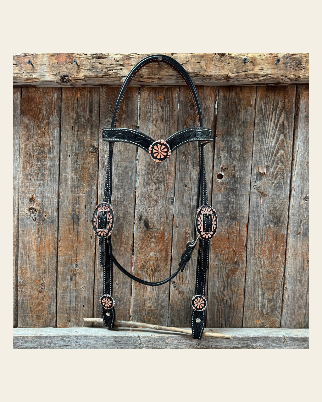 Draft Black Floral Copper Flower V-Browband #BB134D on a warm cream background