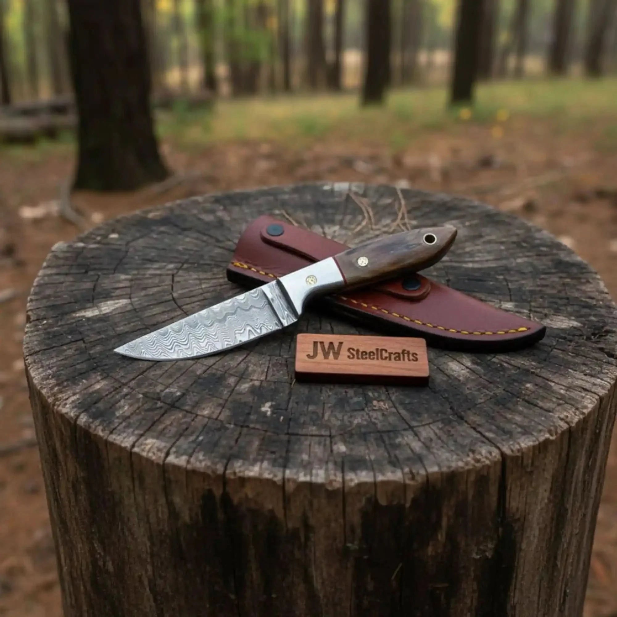 Small Damascus Utility Knife Rosewood Handle With Leather Sheath