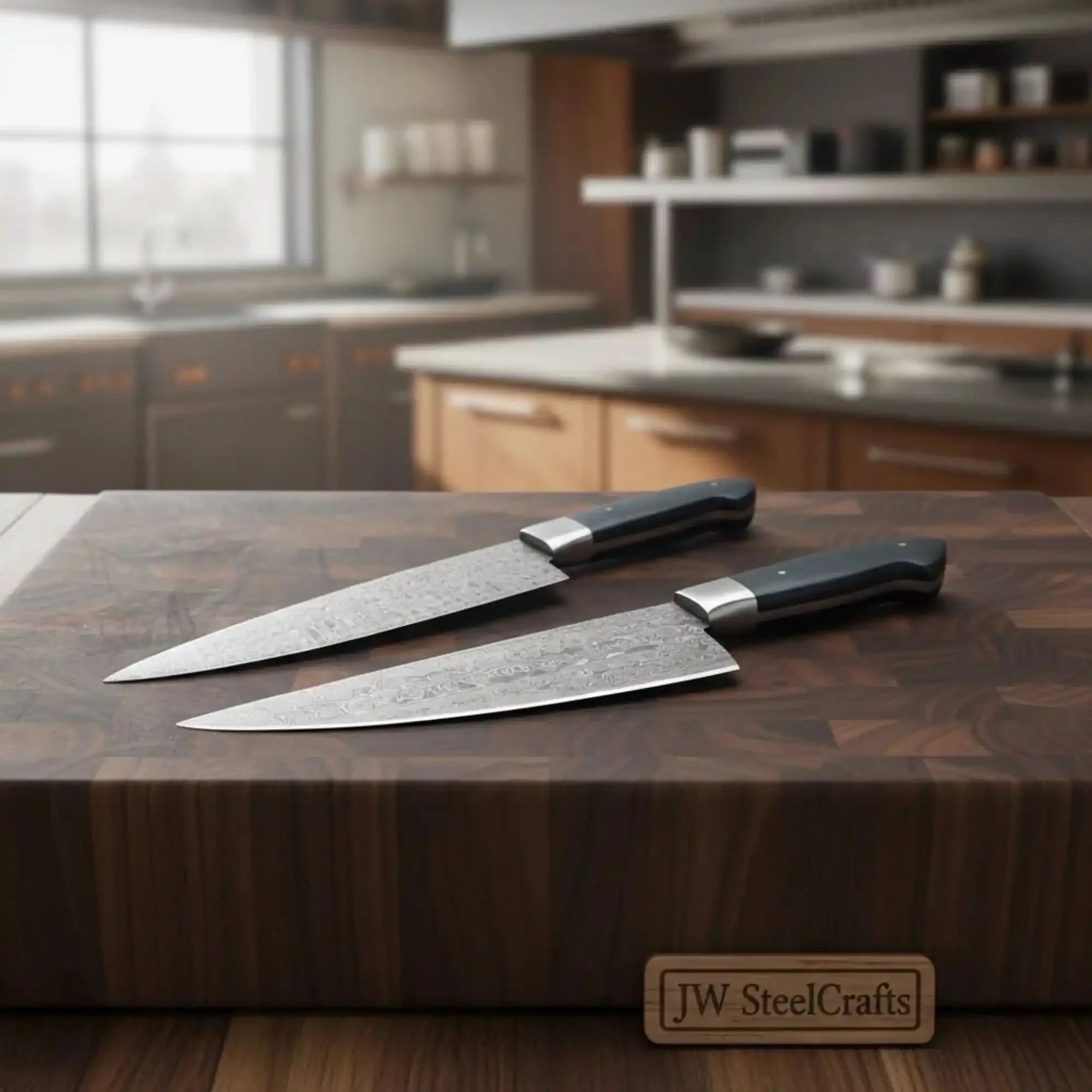 2-Piece Hand-Forged Chef Knife with Pattern-Welded Damascus with Black Micarta Handles (Professional Set)