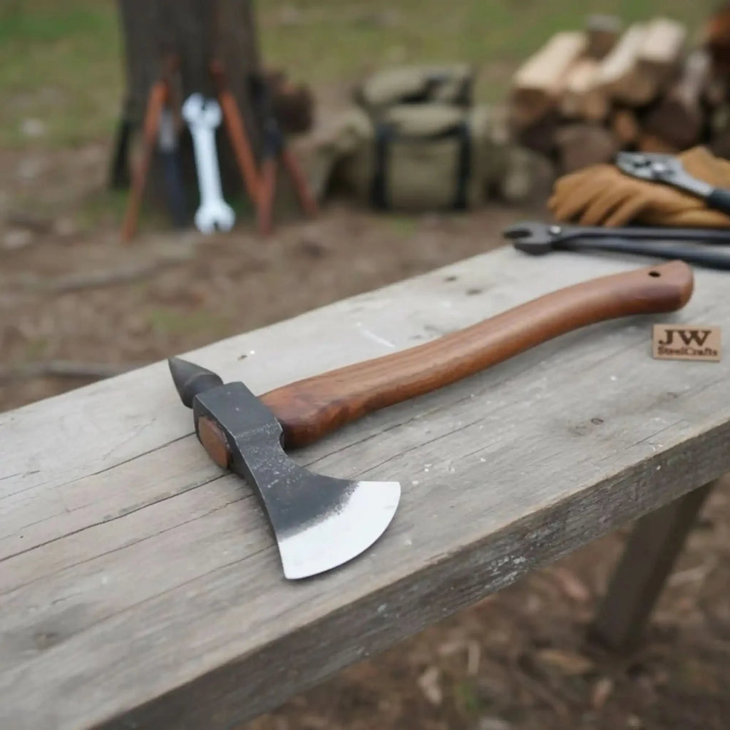 Hand-Forged Bearded Spike Poll Bushcraft Axe with Hardwood Handle