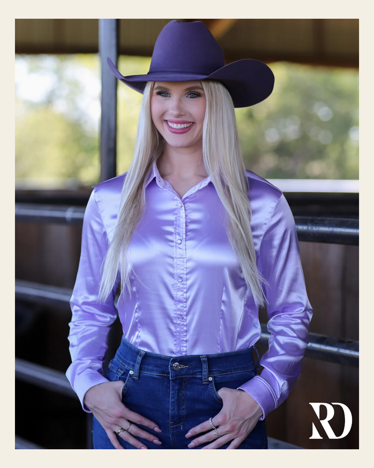 Dusty Lilac Satin Performance Rodeo Shirt on a warm cream background