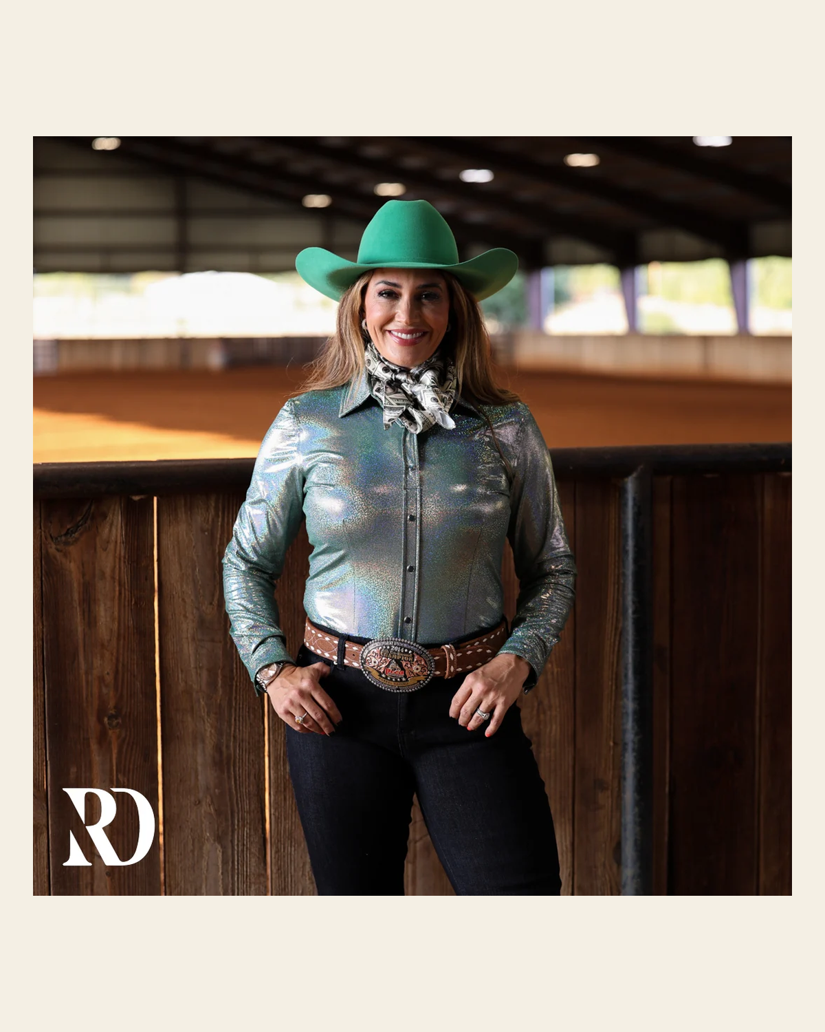 Dusty Teal Sparkle Performance Rodeo Shirt on a warm cream background
