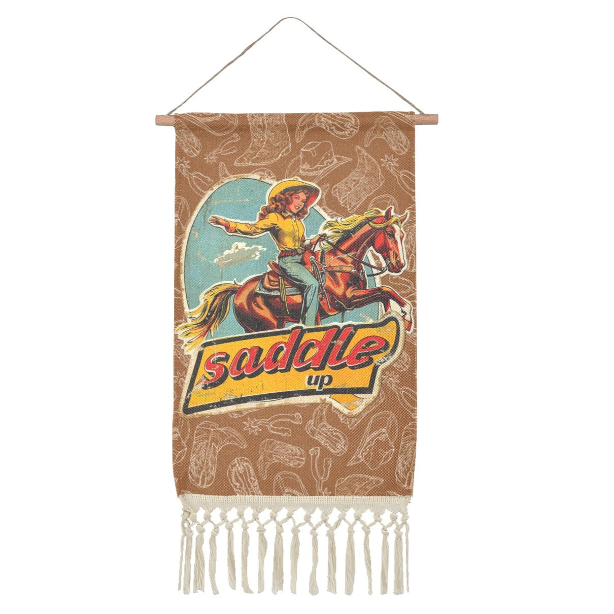 Baha Ranch Saddle Up Western Wall Decor Linen Hanging Poster with Fringe Made in America by Baha Ranch Western Wear