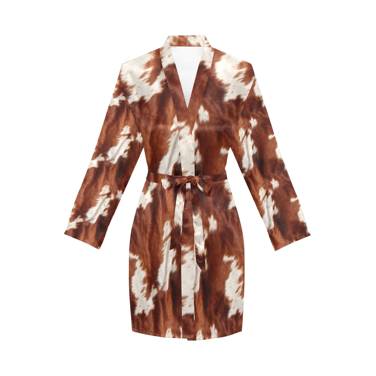 Baha Ranch Brown Cow Print Women's Long Sleeve Belted Satin Feel Dressing Lounge Robe