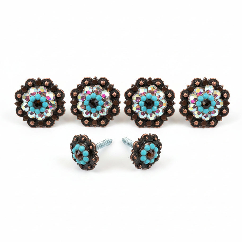 Copper Topaz Turquoise & AB Saddle Conchos — view 2