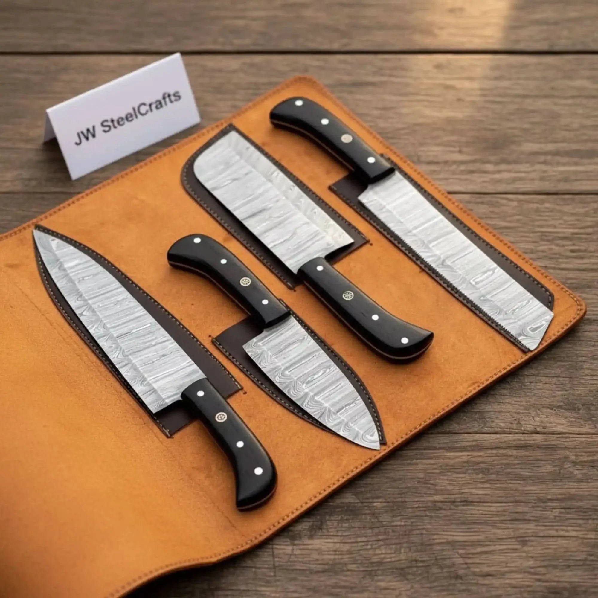 4-Piece Damascus Steel Kitchen Knife Set — Chef, Santoku, Cleaver & Utility