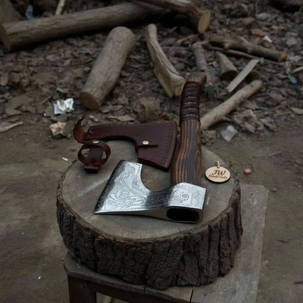 Engraved Carbon Steel Ragnar Axe with Bearded Head