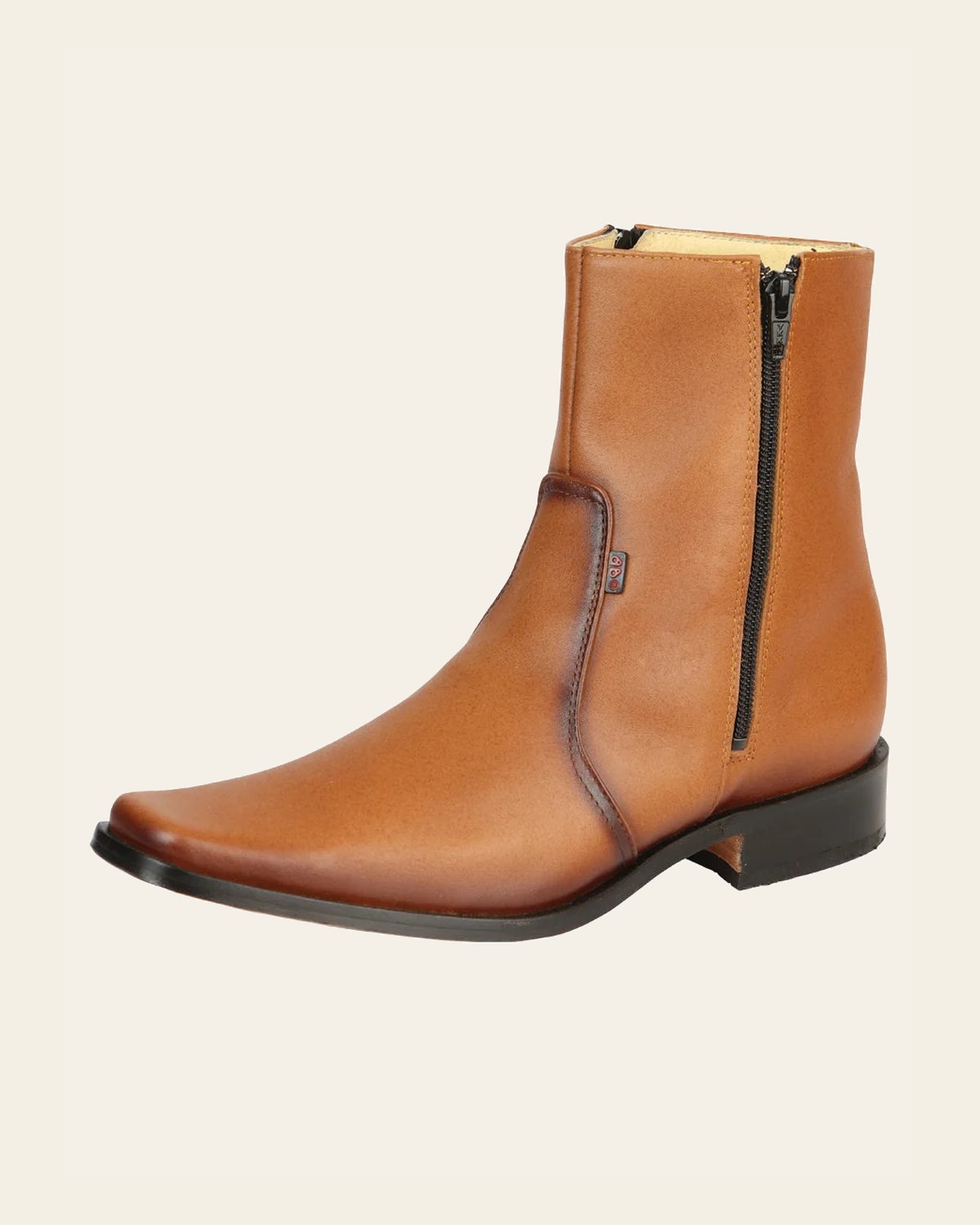 El Besserro Men's Leather Ankle Boot with Double Zipper - Made in Mexico - Brandy 45829 on a warm cream background