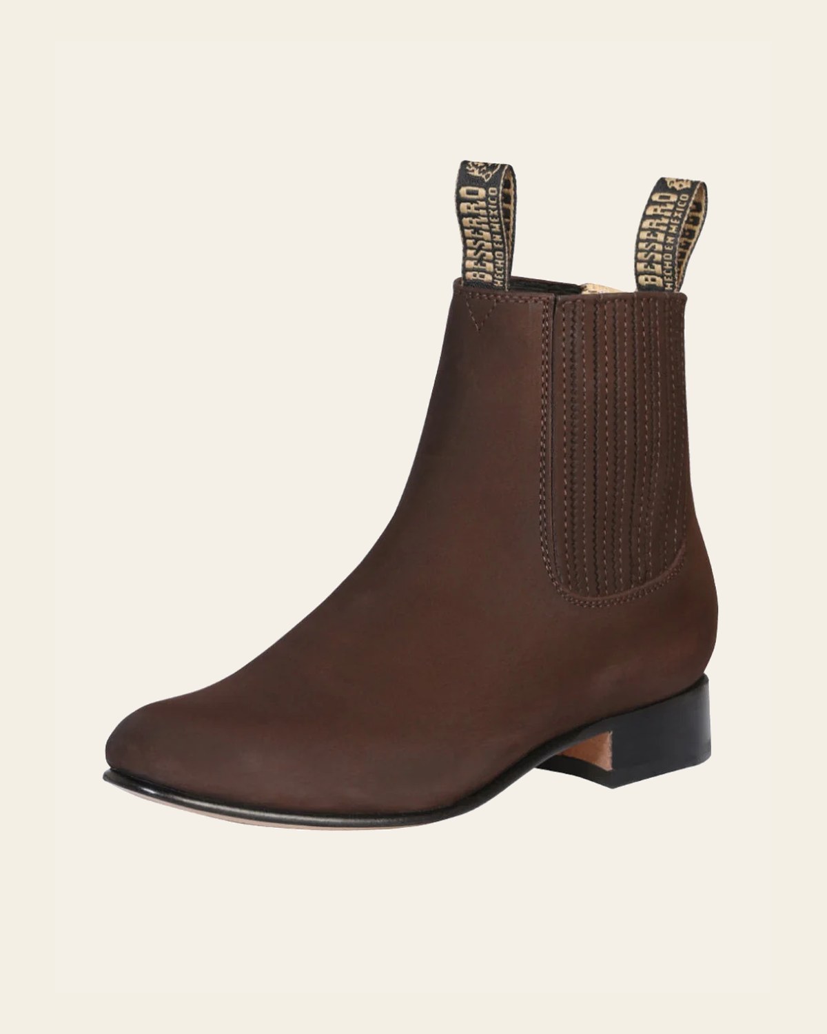 El Besserro Men's Leather Charro Ankle Boot - Made in Mexico - Dark Brown Nubuck 206 on a warm cream background