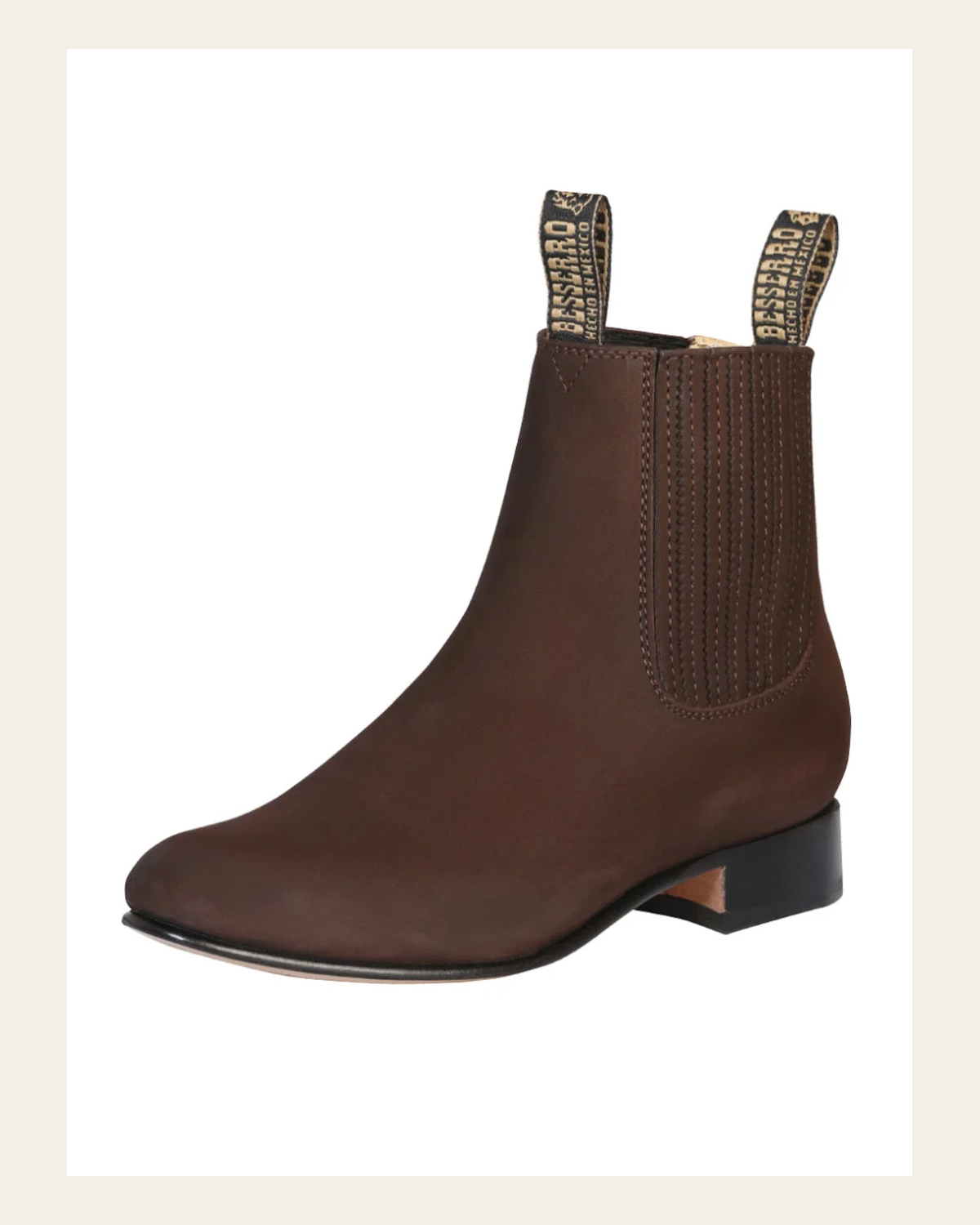 El Besserro Men's Leather Charro Ankle Boot - Made in Mexico - Dark Brown Nubuck 206 on a warm cream background