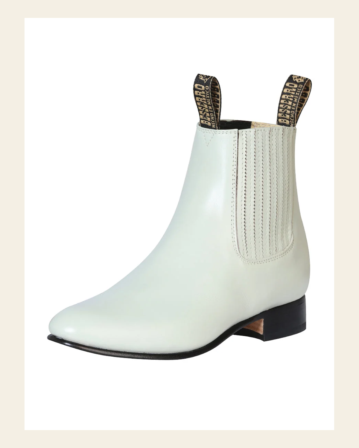 El Besserro Charro Men's Leather Cowboy Ankle Boot - Made in Mexico - Leather Bone 201 on a warm cream background