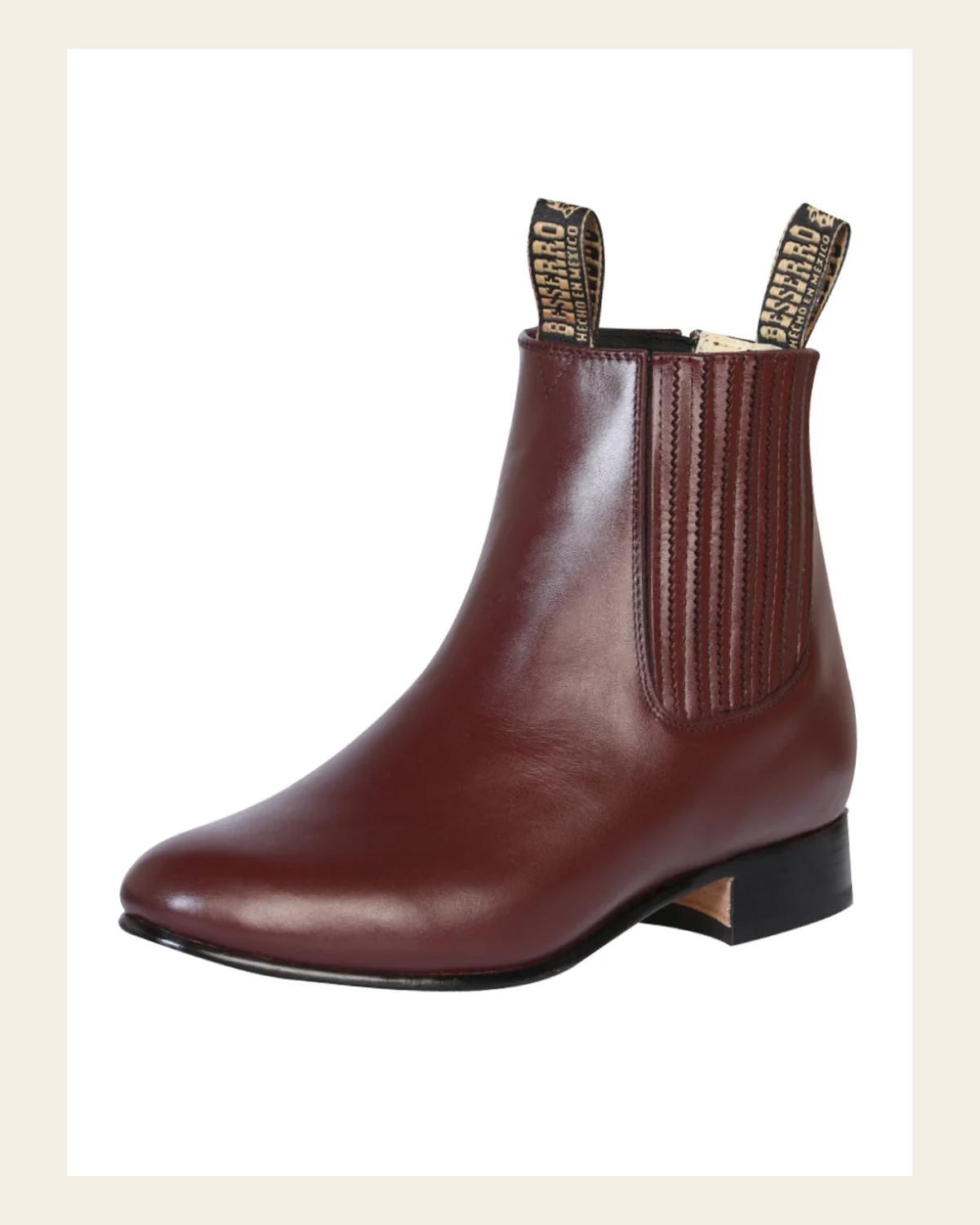 El Besserro Charro Men's Leather Cowboy Ankle Boot - Made in Mexico - Wine 202 on a warm cream background
