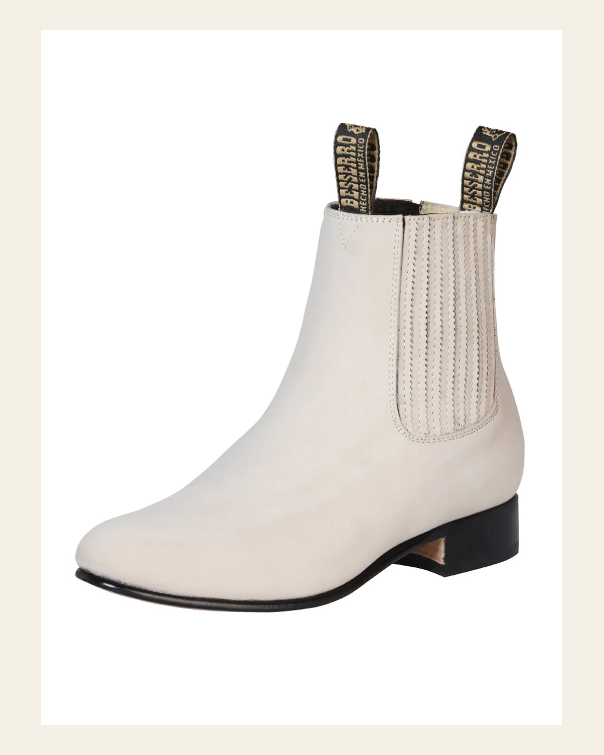 El Besserro Charro Men's Leather Cowboy Ankle Boot - Made in Mexico - Nubuck Bone 205 on a warm cream background