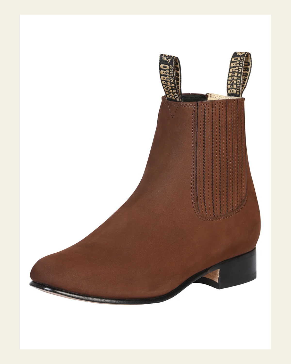 El Besserro Charro Men's Leather Cowboy Ankle Boot - Made in Mexico - Nubuck Camel 204 on a warm cream background