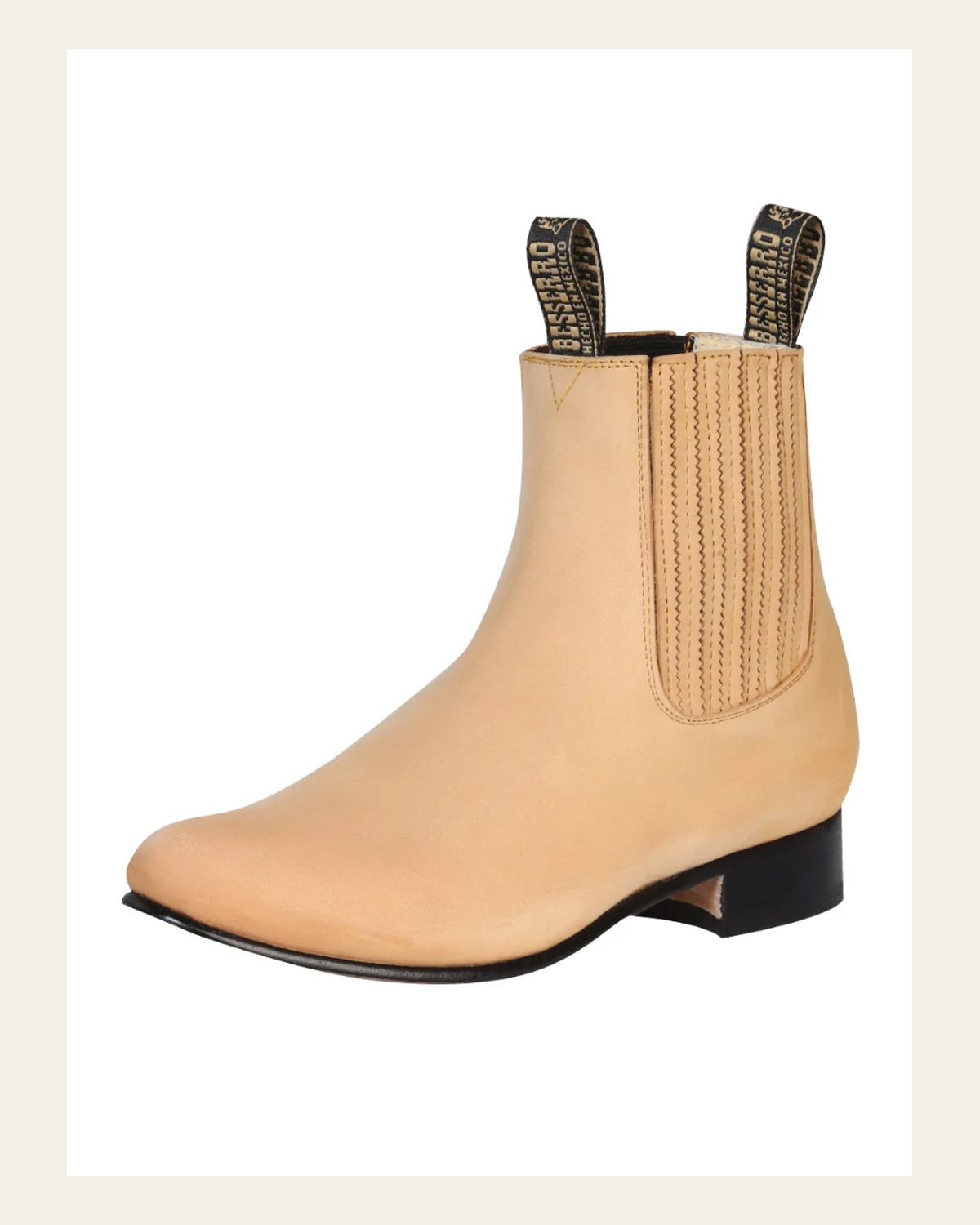 El Besserro Charro Men's Leather Cowboy Ankle Boot - Made in Mexico - Nubuck Honey 203 on a warm cream background