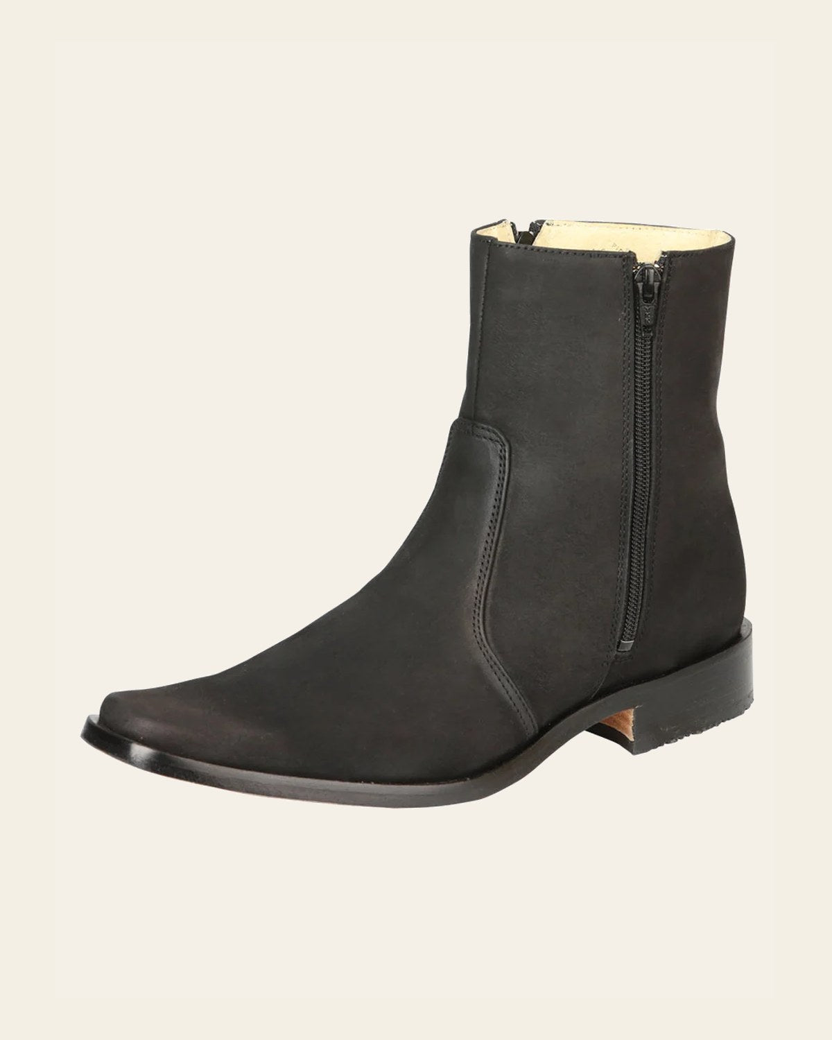 El Besserro Men's Leather Ankle Boot with Double Zipper - Made in Mexico - Nubuck Black 45831 on a warm cream background