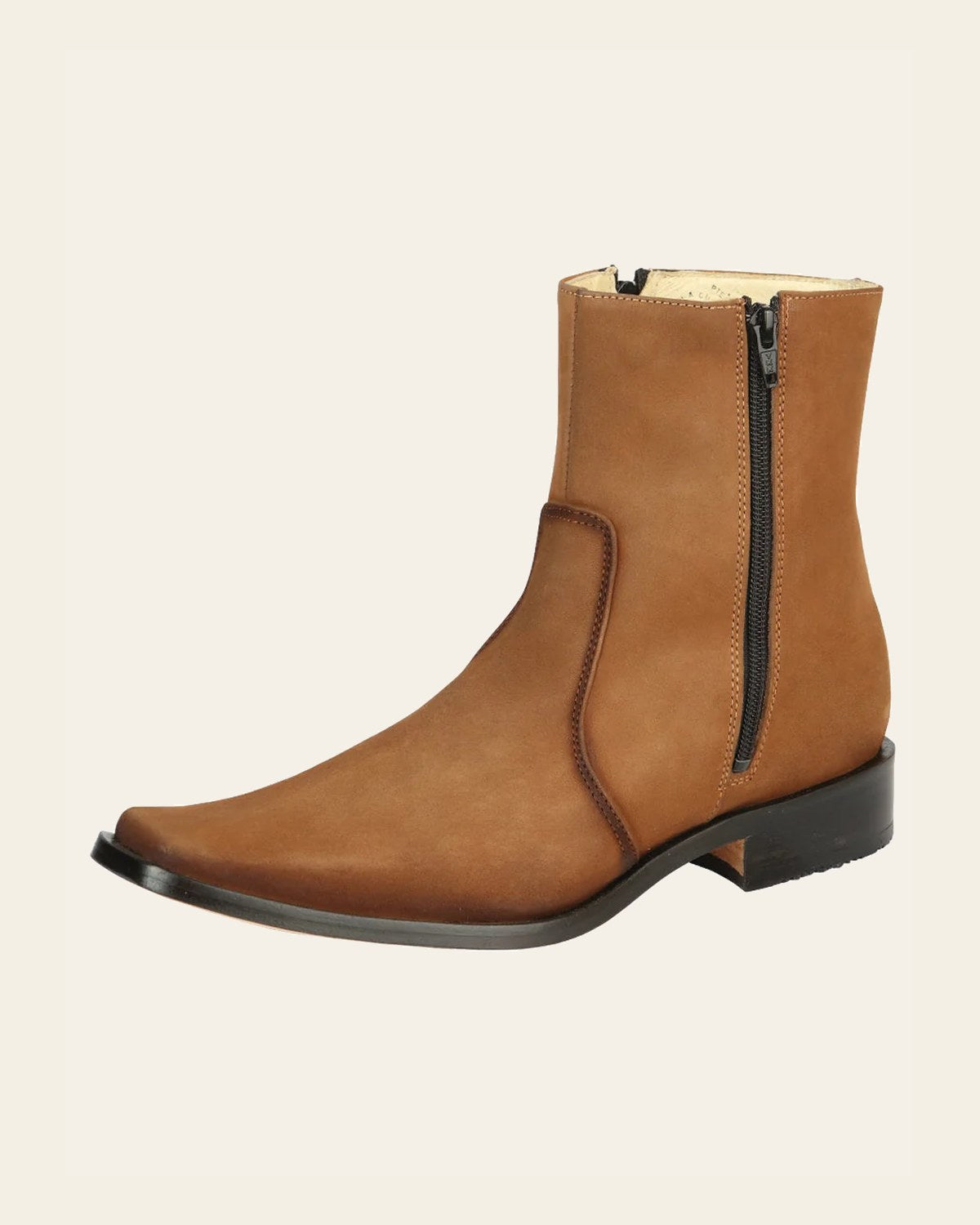 El Besserro Men's Leather Ankle Boot with Double Zipper - Made in Mexico - Nubuck Tan 45830 on a warm cream background