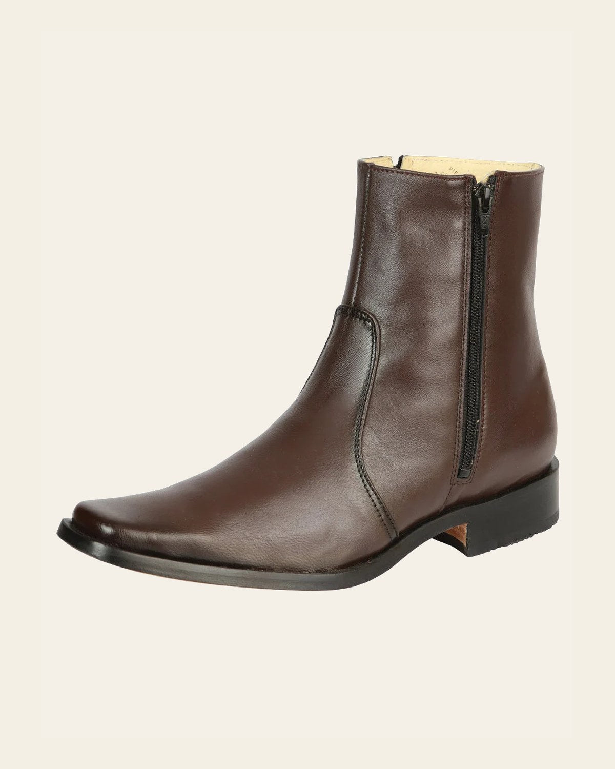El Besserro Men's Premium Goat Leather Ankle Boot with Zipper - Made in Mexico - Brown 45828 on a warm cream background