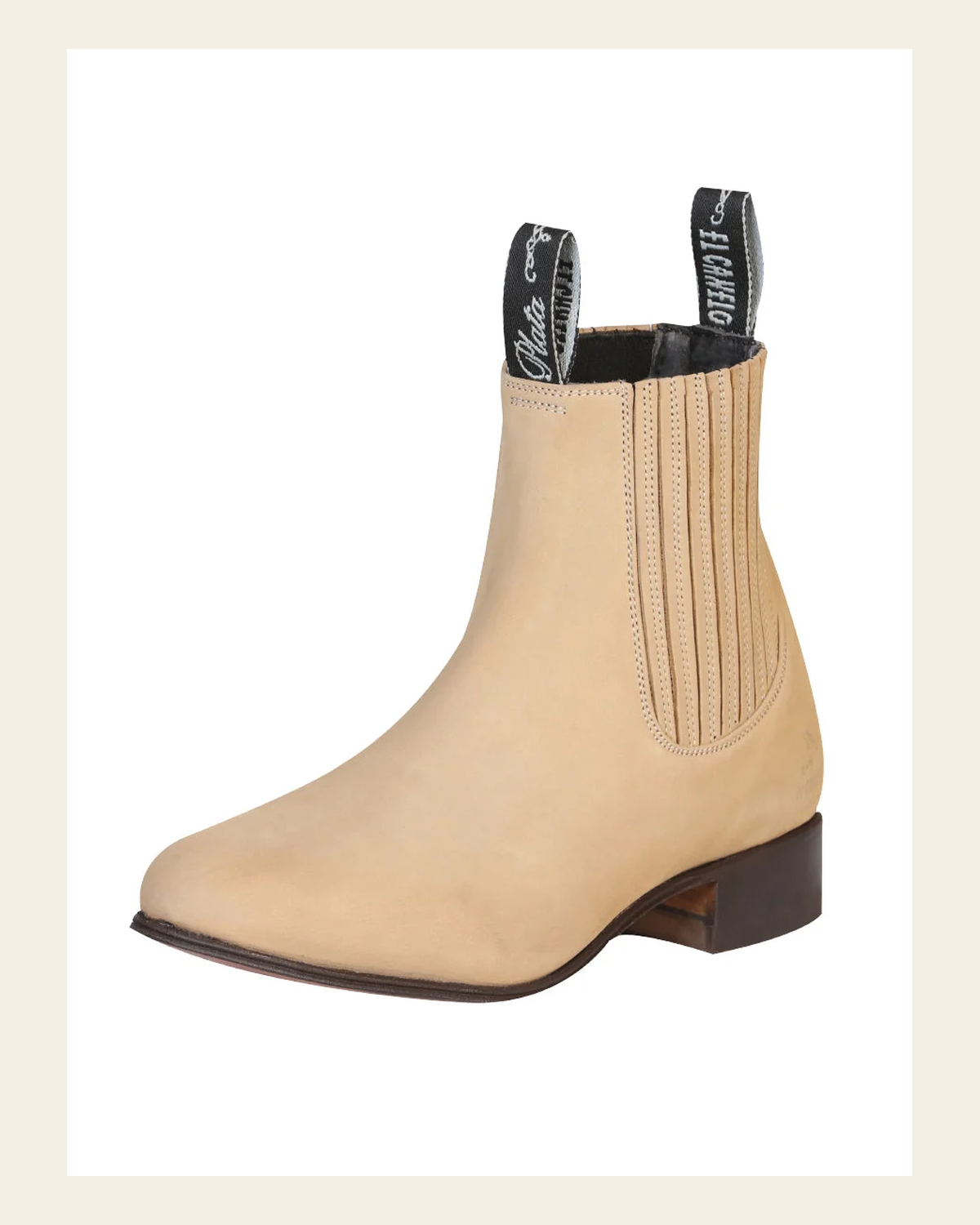 El Canelo "Plata" Men's Charro Ankle Cowboy Boot - Made in Mexico - Suede Atlas Sand 228 on a warm cream background