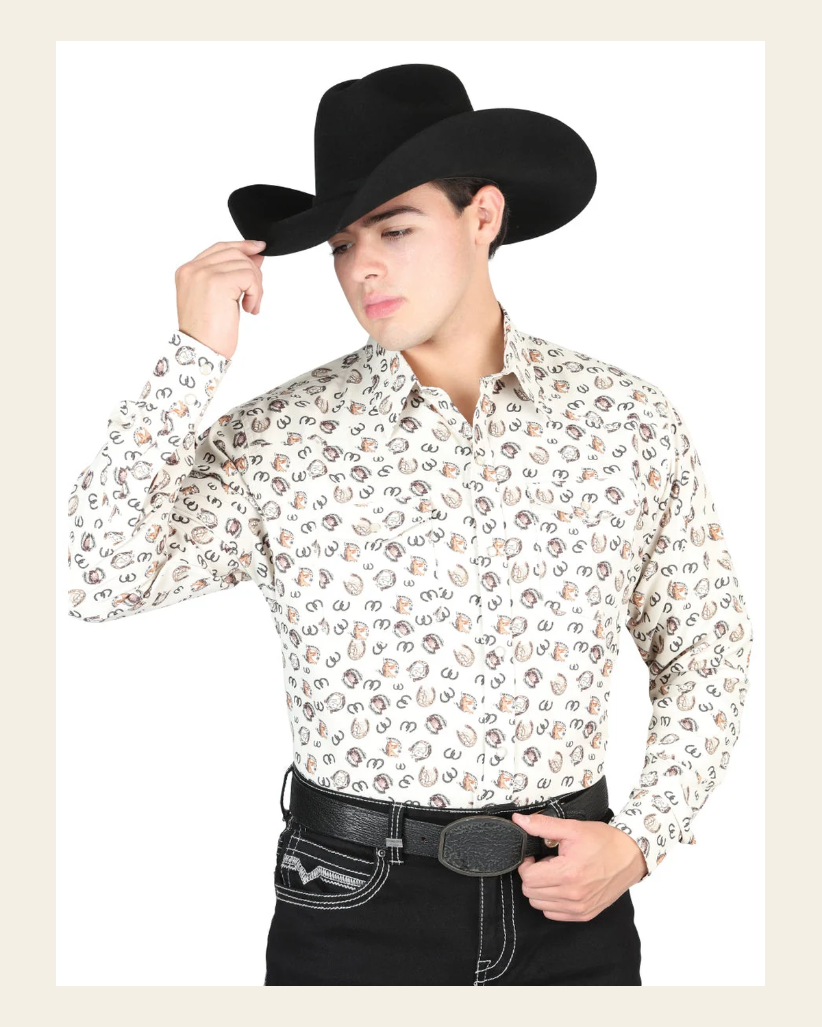 El General Men's Long Sleeve Western Fashion Snap Button Shirt – Beige 44311 on a warm cream background