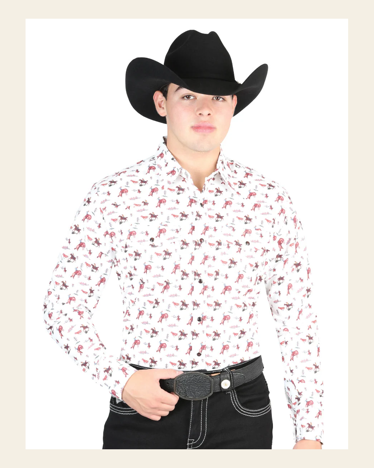 El General Men's Long Sleeve Western Fashion Snap Button Shirt - Beige 44316 on a warm cream background